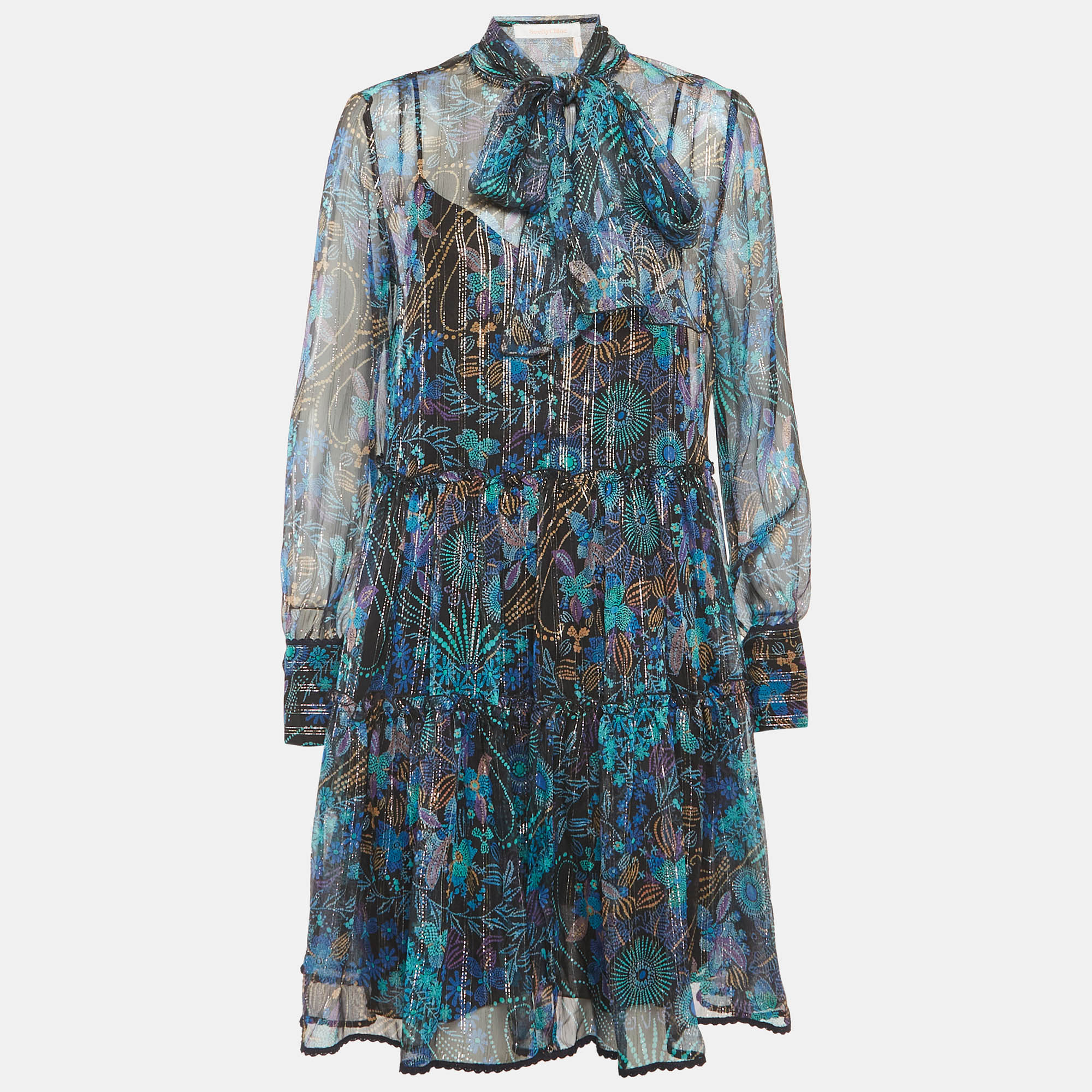 See by Chloe Multicolour Floral Print Chiffon Tiered Mini Dress