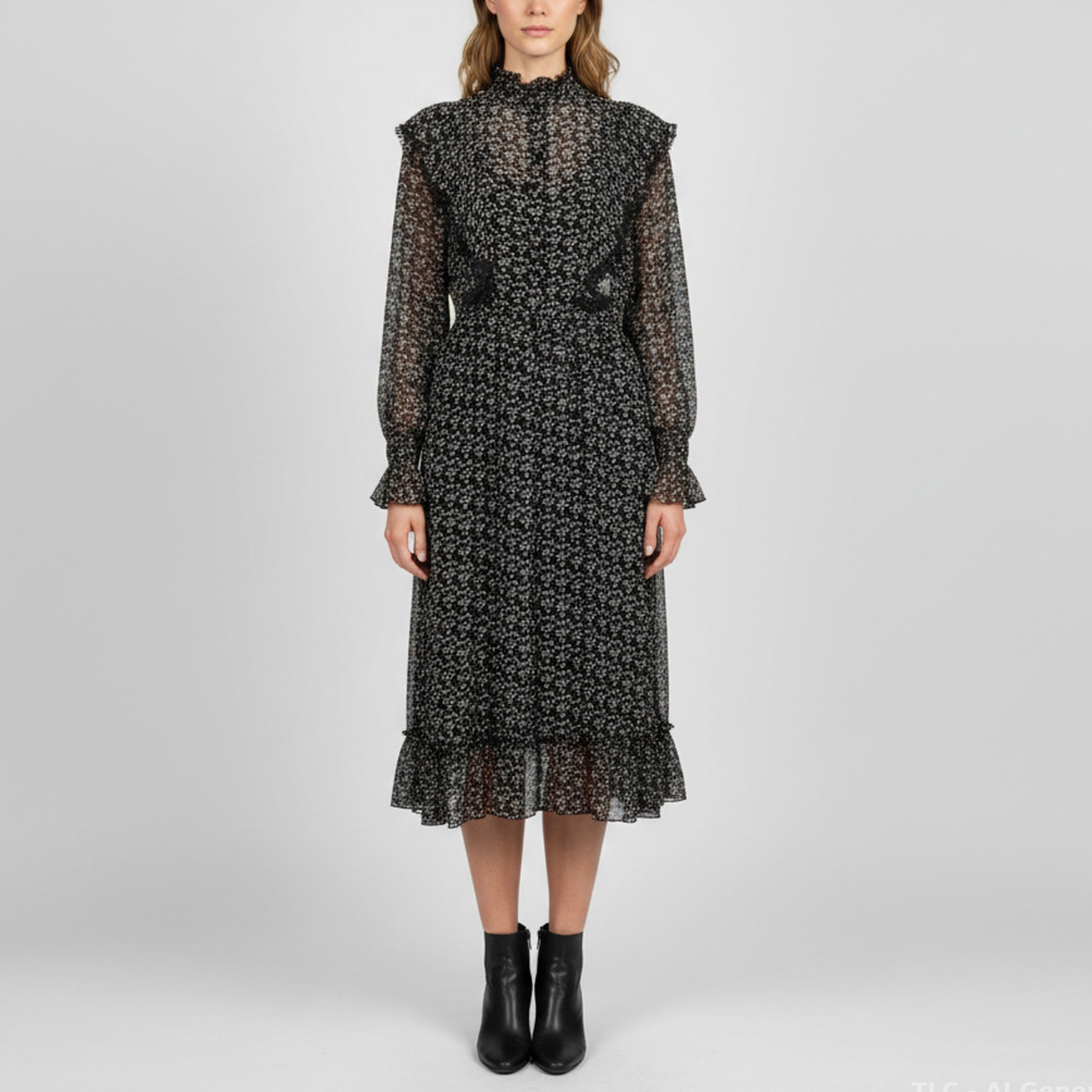See by Chloe Black Floral Print Crepe Ruffle Midi Dress