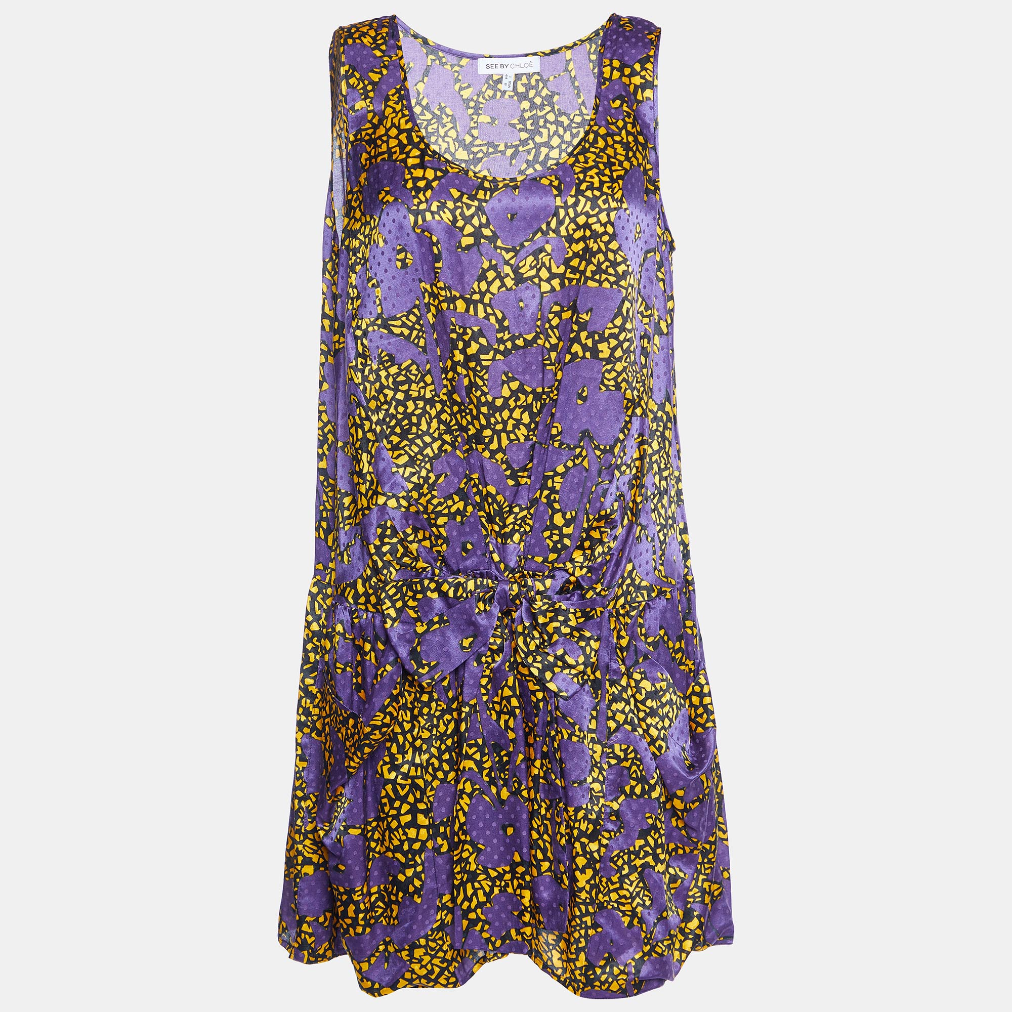 See by Chloe Purple Printed Cotton & Silk Bow Detail Mini Dress