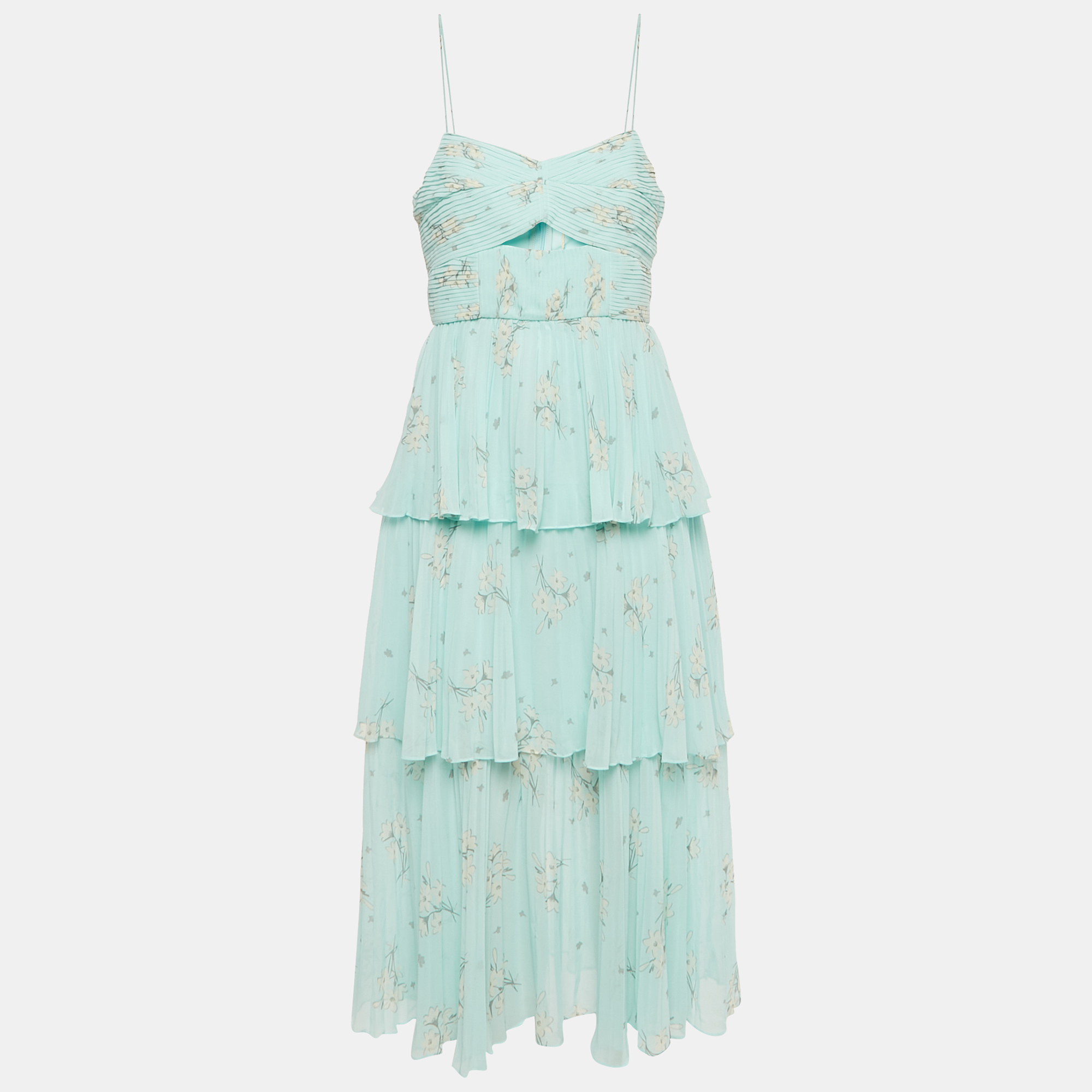 Self-Portrait Blue Floral Print Chiffon Tiered Midi Dress