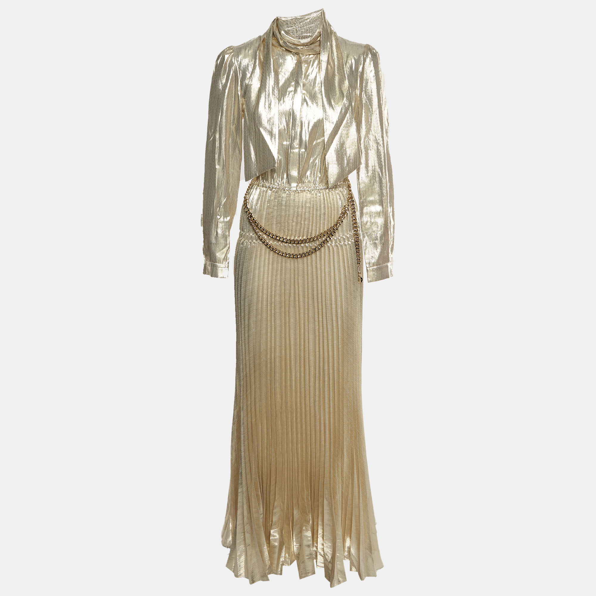 Self-Portrait Gold Metallic Plisse Pussy Bow Maxi Dress