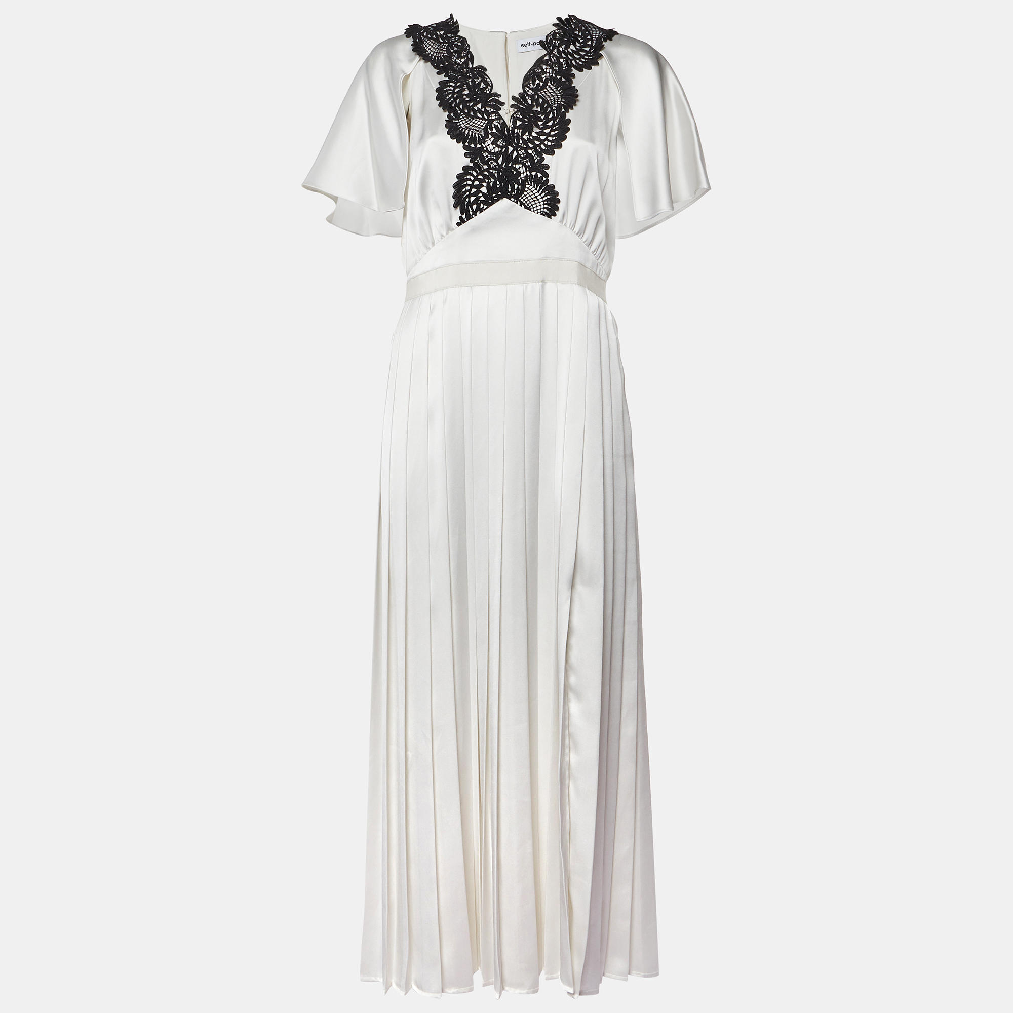 Self-Portrait White Lace Trim Satin Pleated Maxi Dress