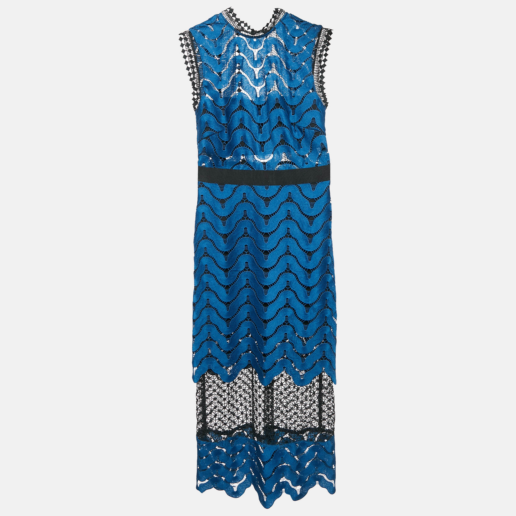 Self-Portrait BlueBlack Guipure Lace Paneled Midi Dress