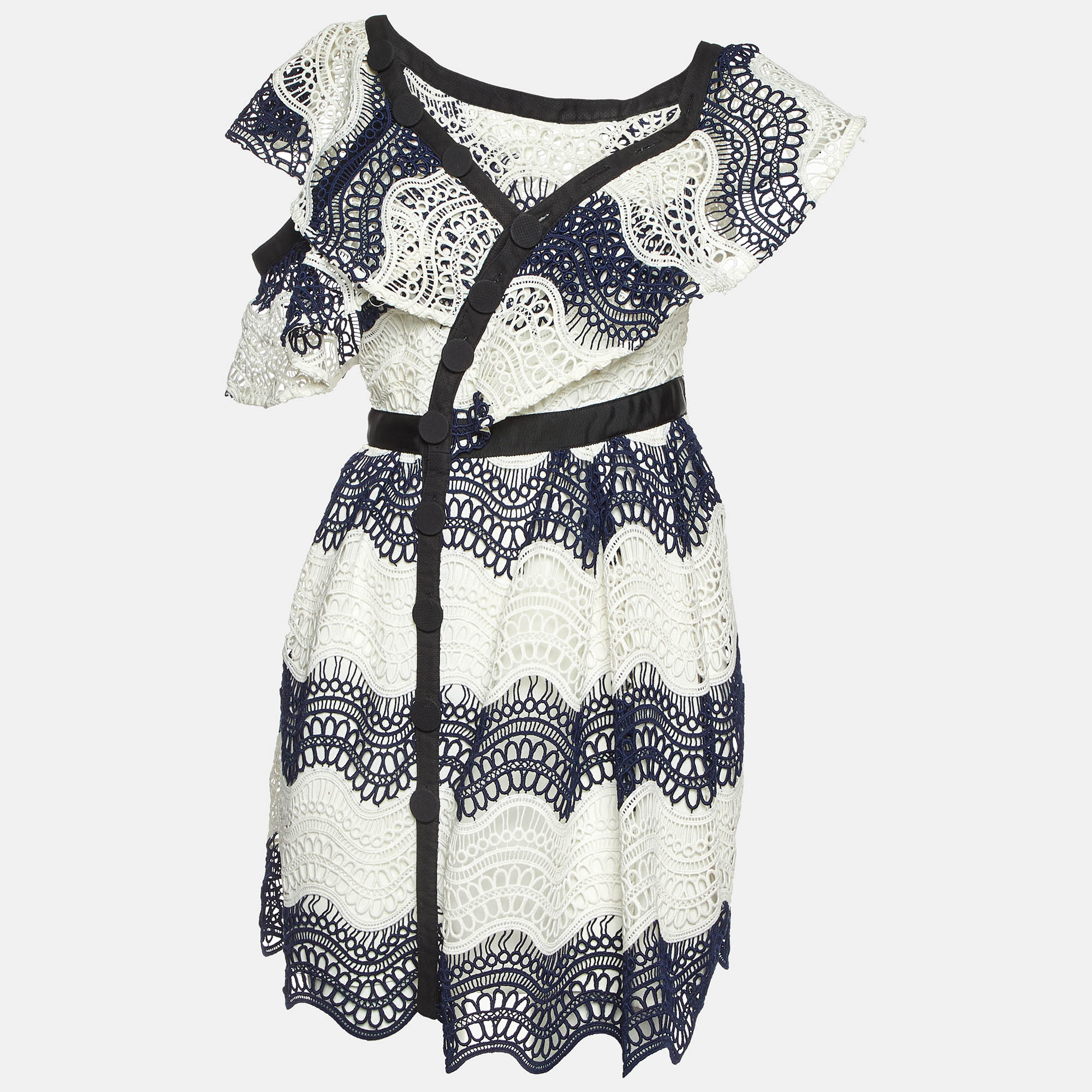 Self-Portrait Navy Blue Wavy Guipure Lace Mini Dress