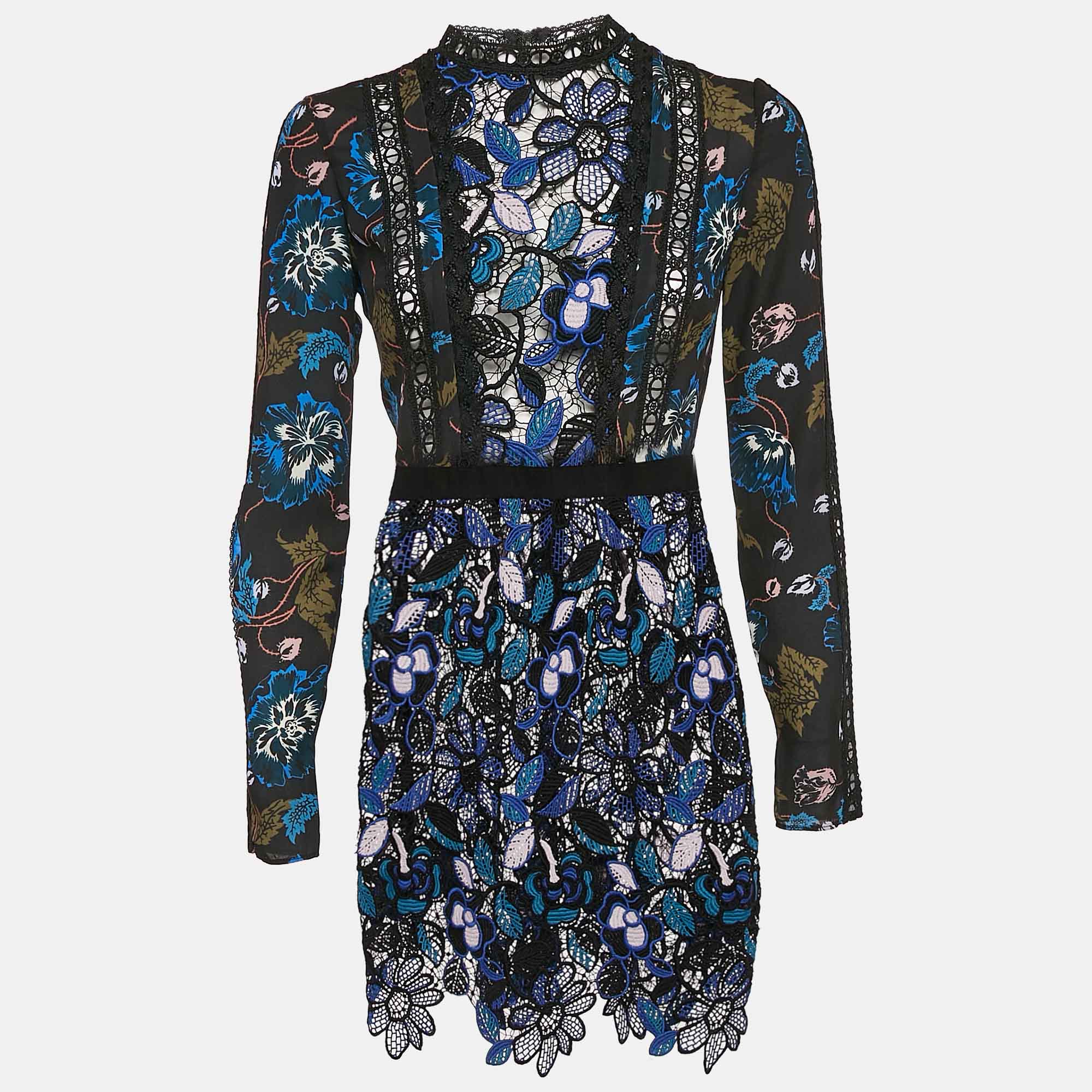 Self-Portrait BlueBlack Floral Print chiffon and Lace Short Dress