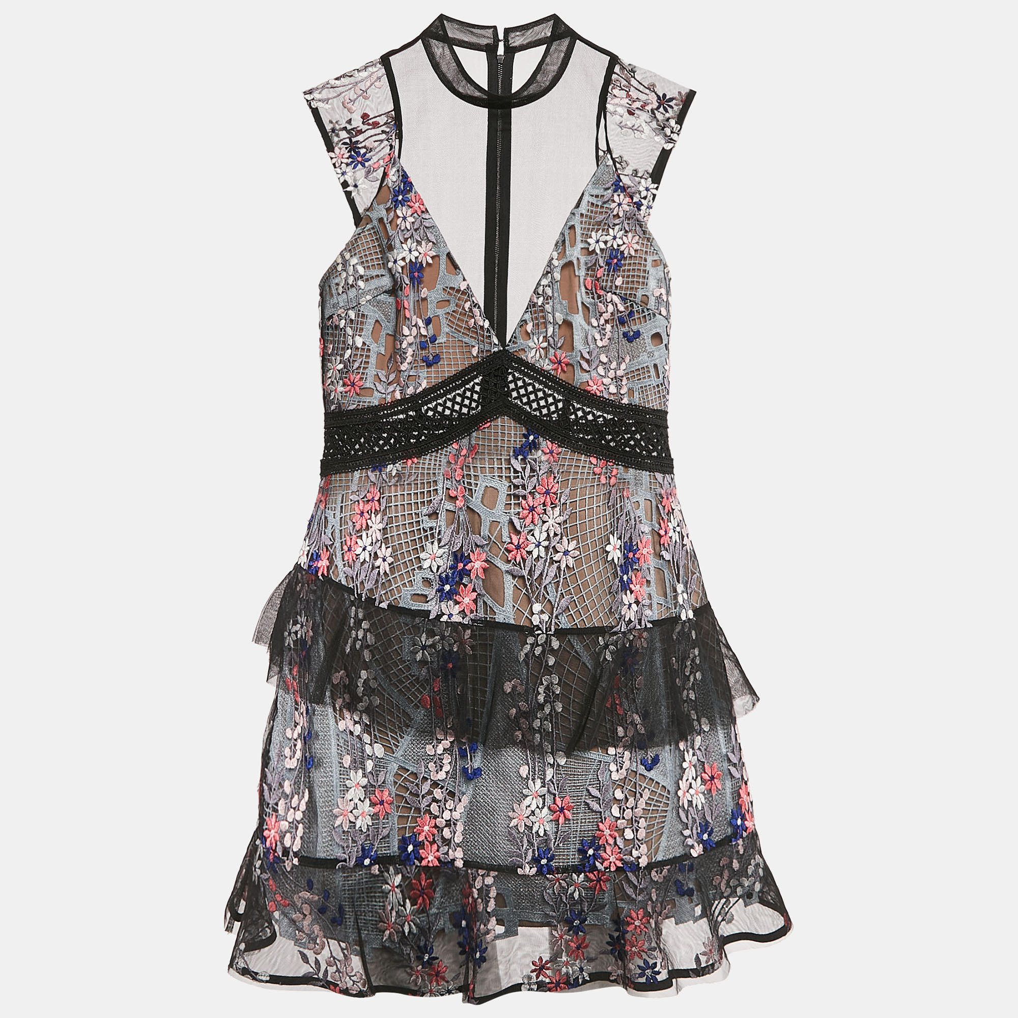Self-Portrait Black Floral Embroidered Tulle Tiered Mini Dress