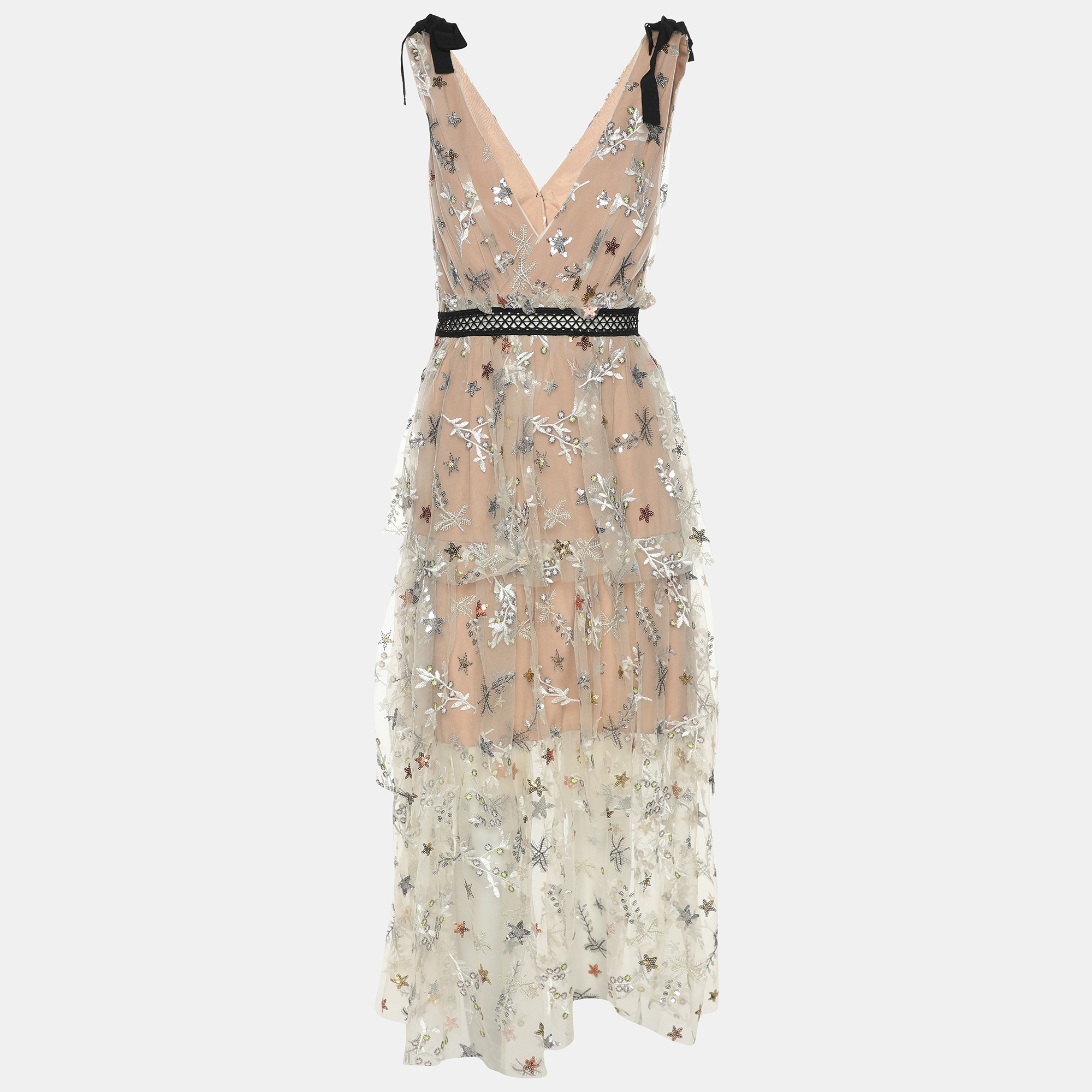 Self-Portrait Beige Mesh Star Midi Dress