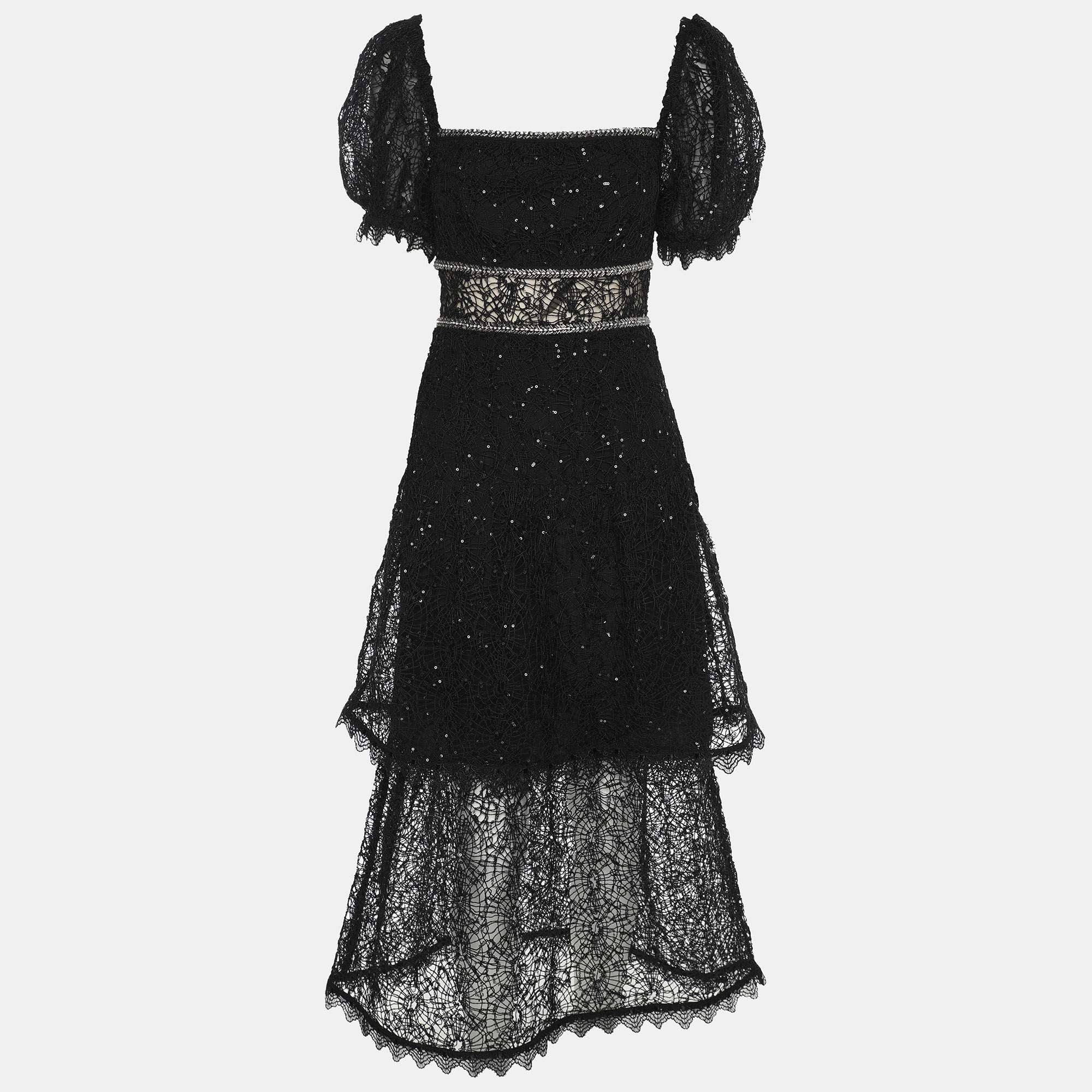 Self Portrait Black Sequin Circle Lace Midi Dress