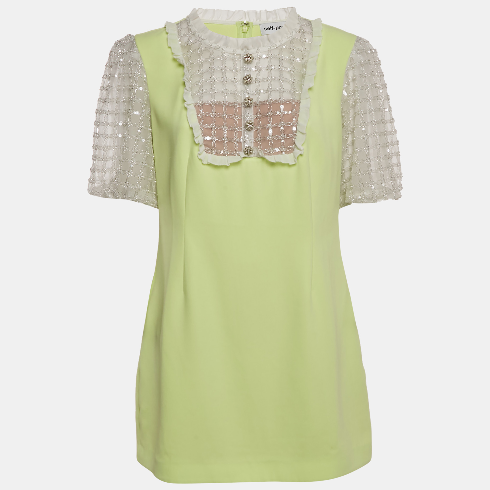 Self-Portrait Lime Green Embellished Tulle Crepe Mini Dress