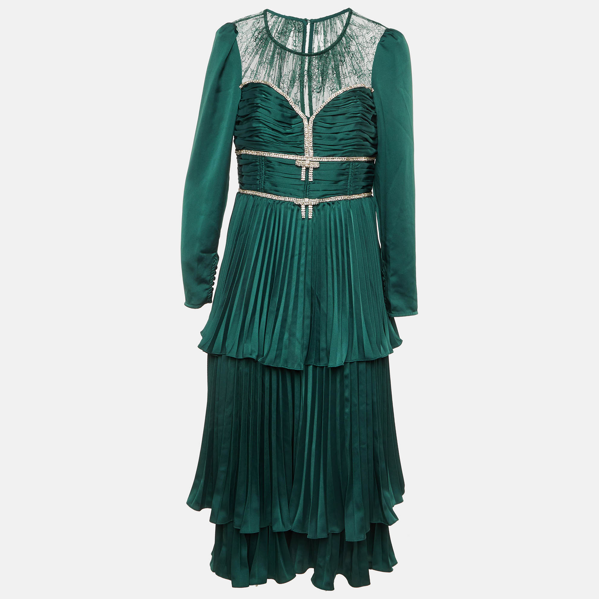Self-Portrait Green Satin Crystal Embellished Tiered Maxi Dress