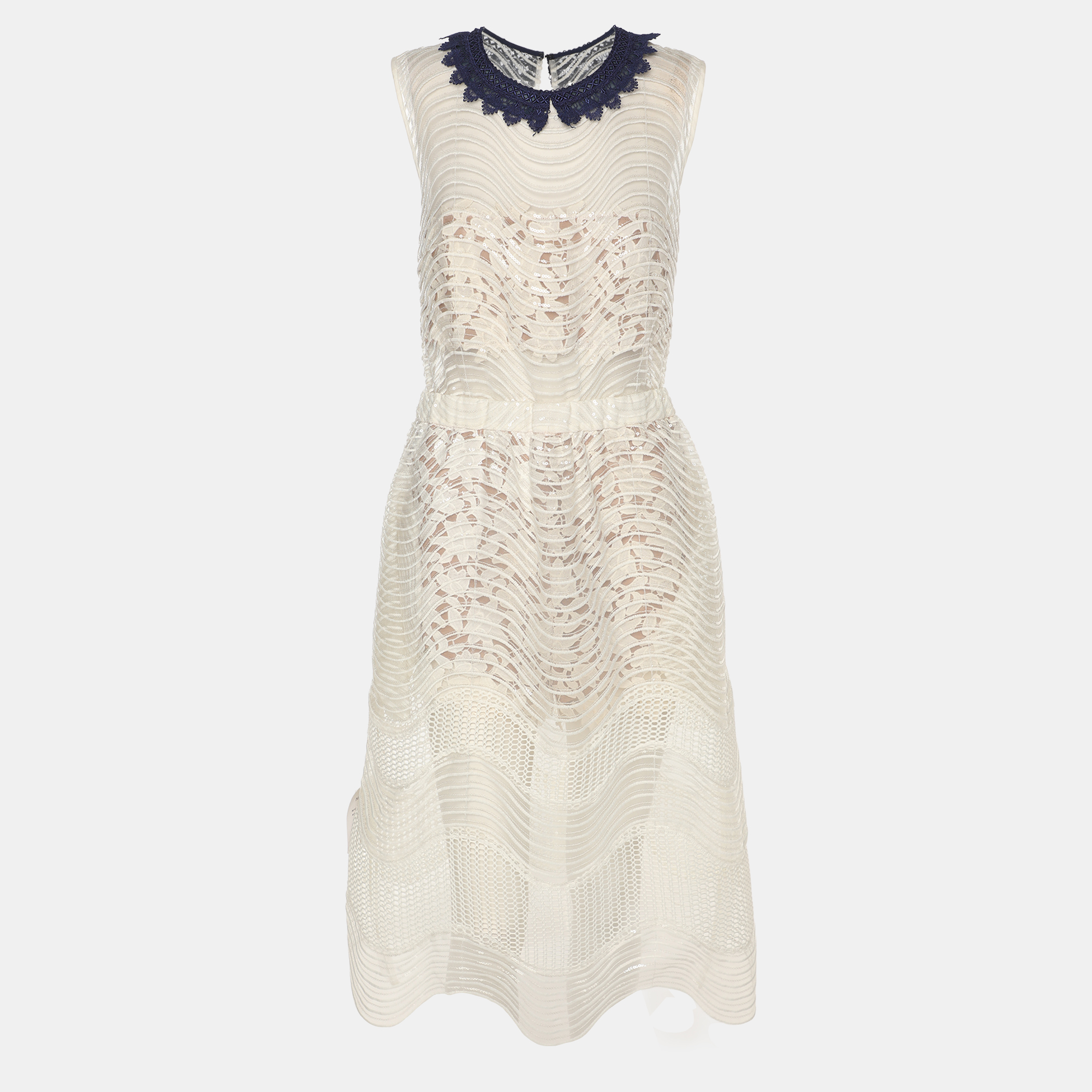 Self-Portrait White Sequined Lace Romper Detail Sleeveless Midi Dress