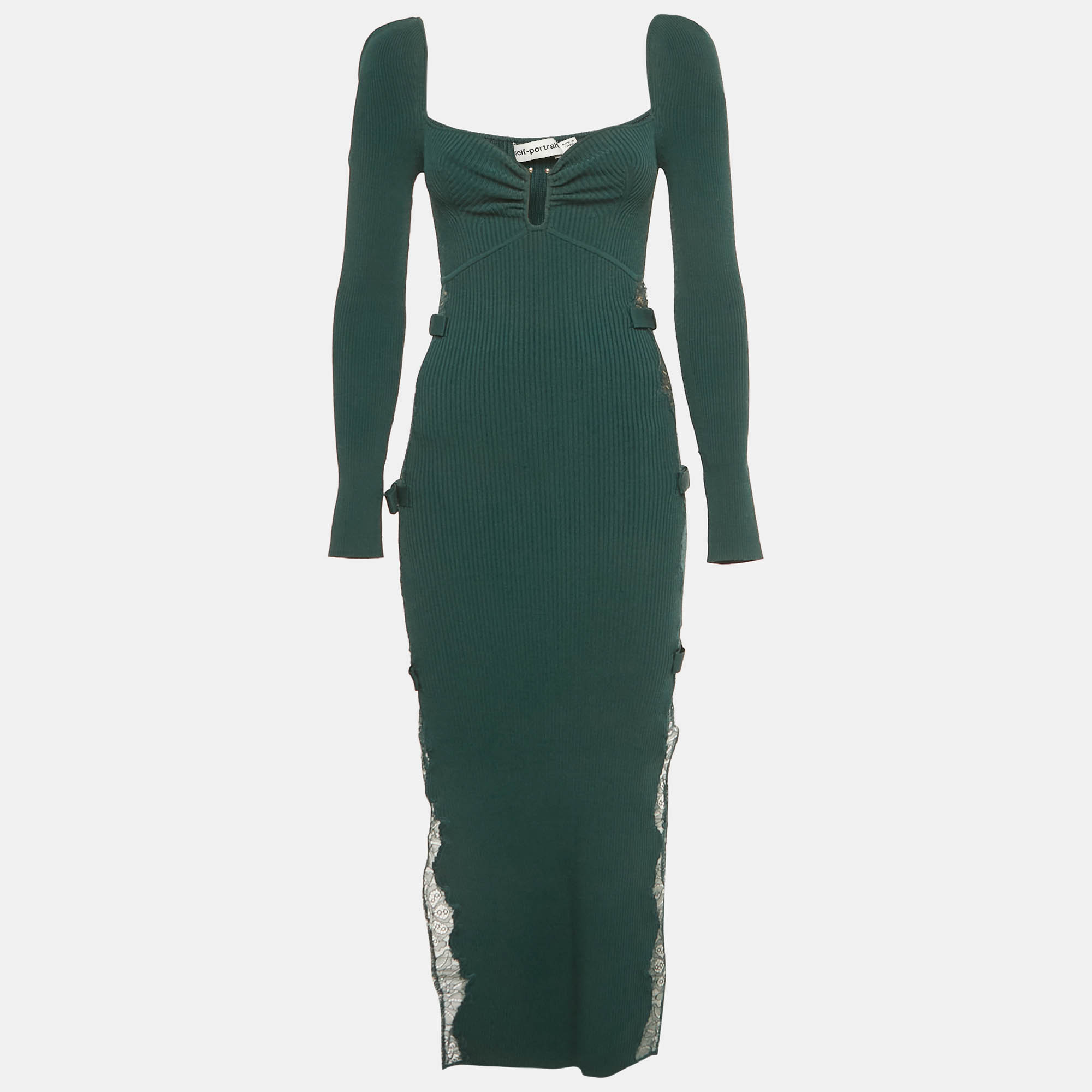 Self-Portrait Deep Green Lace Inserts Rib Knit Midi Dress