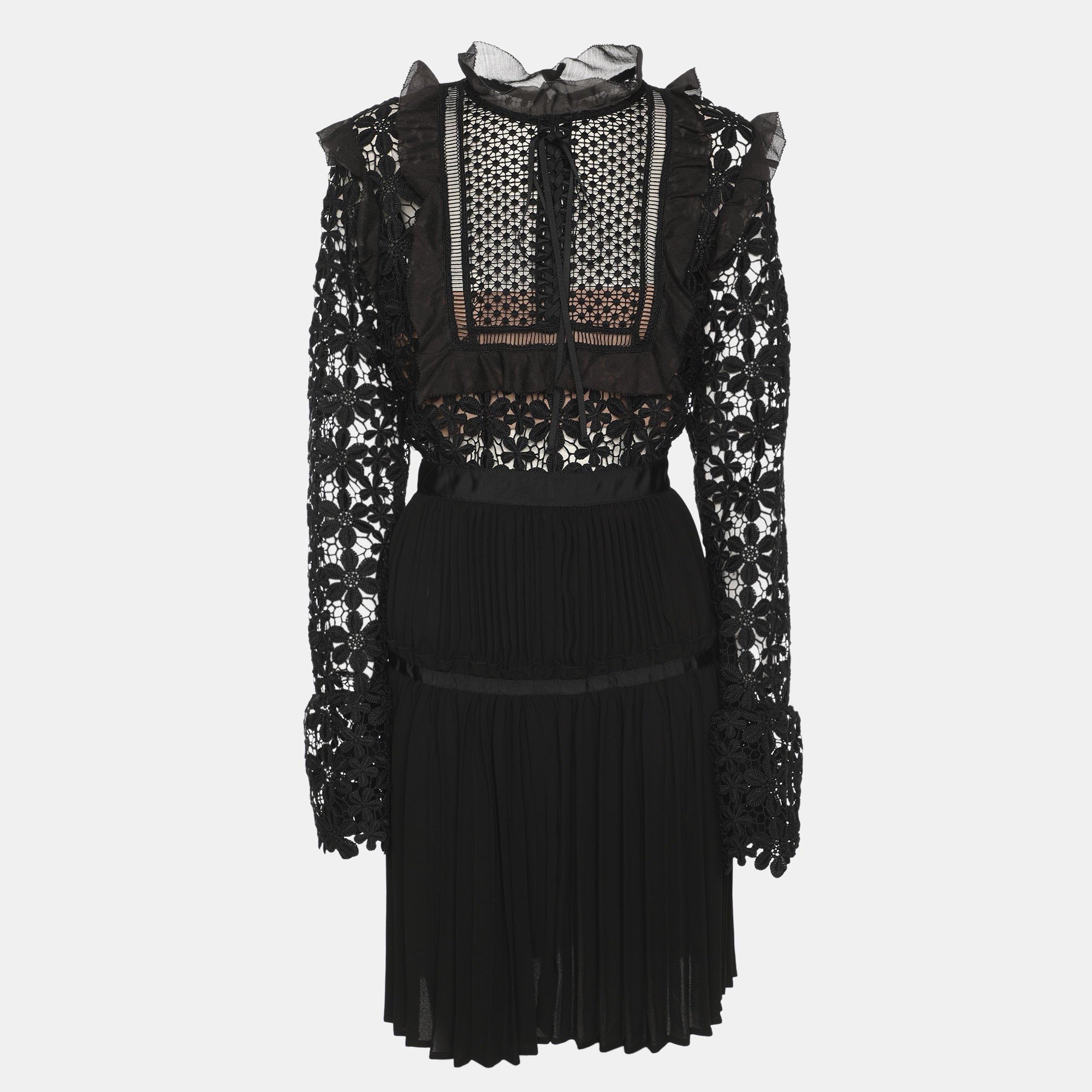 Self-Portrait Black Guipure Lace & Organza Trim Pleated Adeline Dress