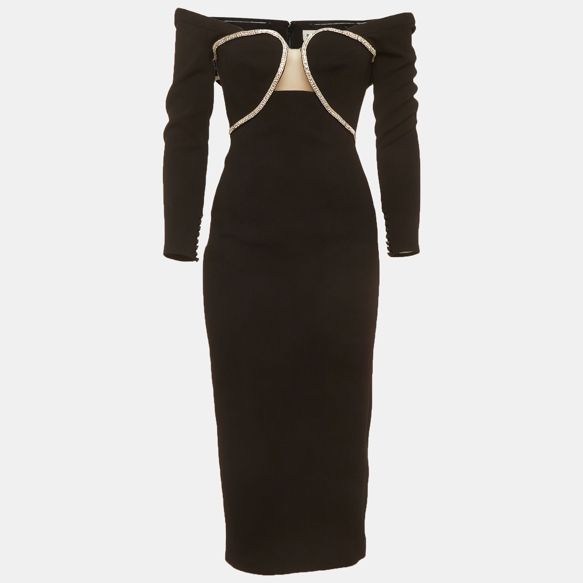 Self-Portrait Black Stretch Crepe Crystal Off-Shoulder Midi Dress