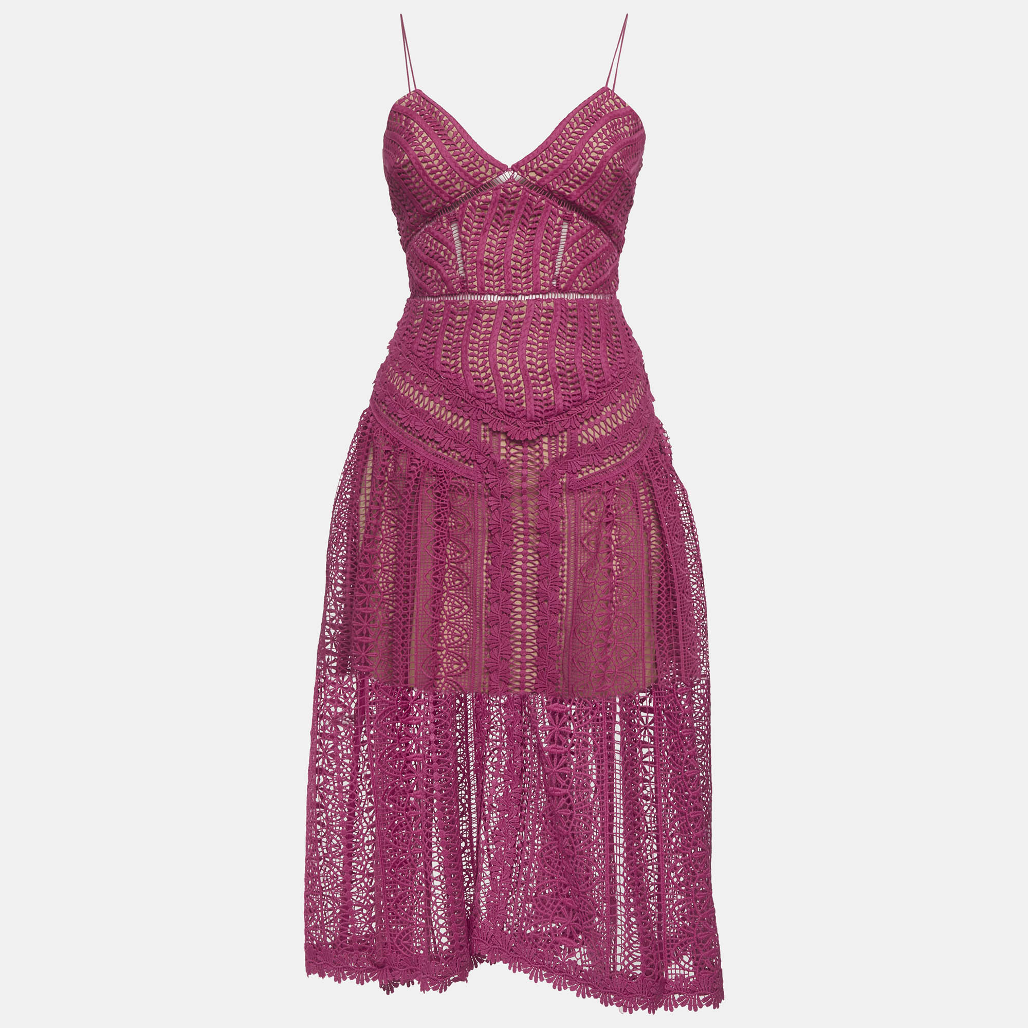 Self-Portrait Pink Guipure Lace Flared Midi Dress