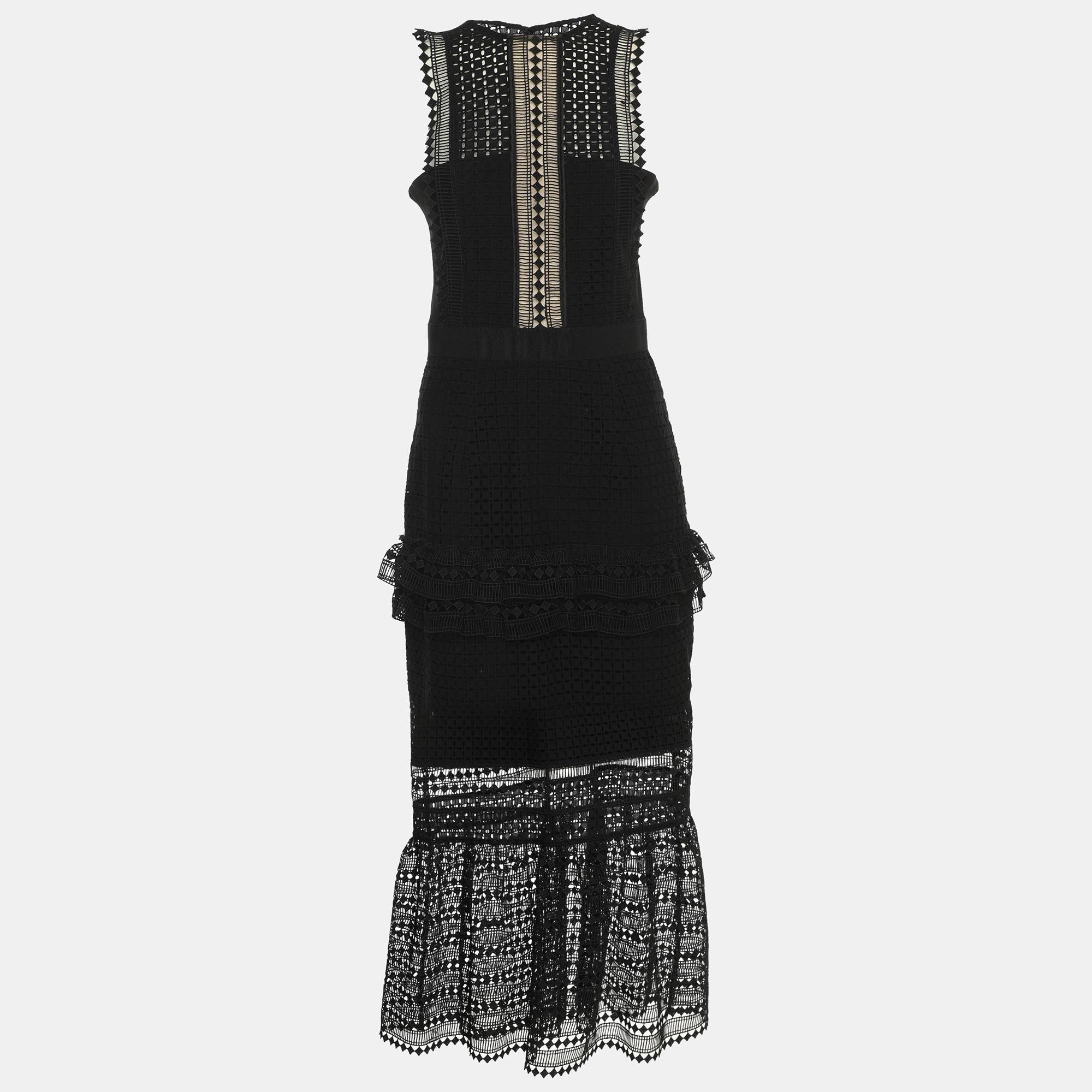 Self-Portrait Black Guipure Lace Tiered Midi Dress
