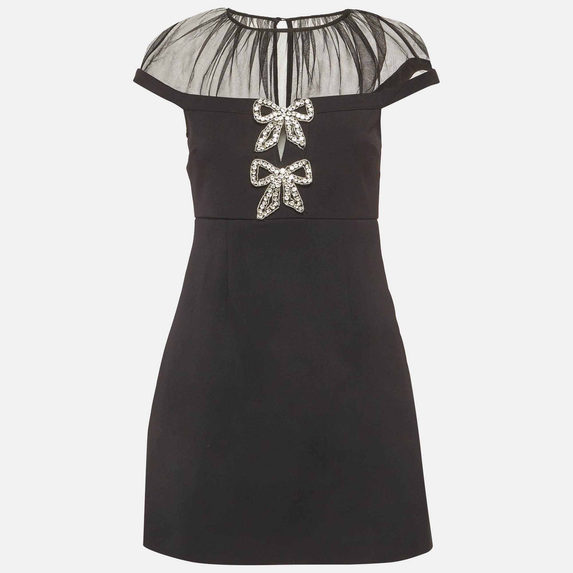 Self-Portrait Black Crepe and Mesh Bow Mini Dress