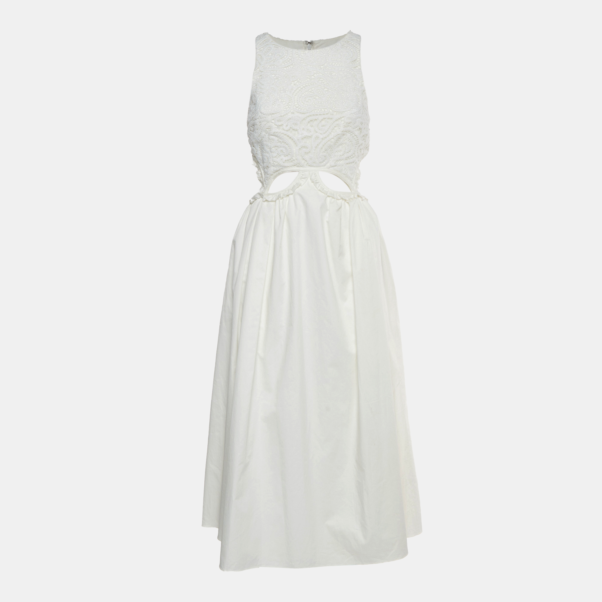 Self-Portrait White Cotton and Guipure Lace Cut Out Midi Dress