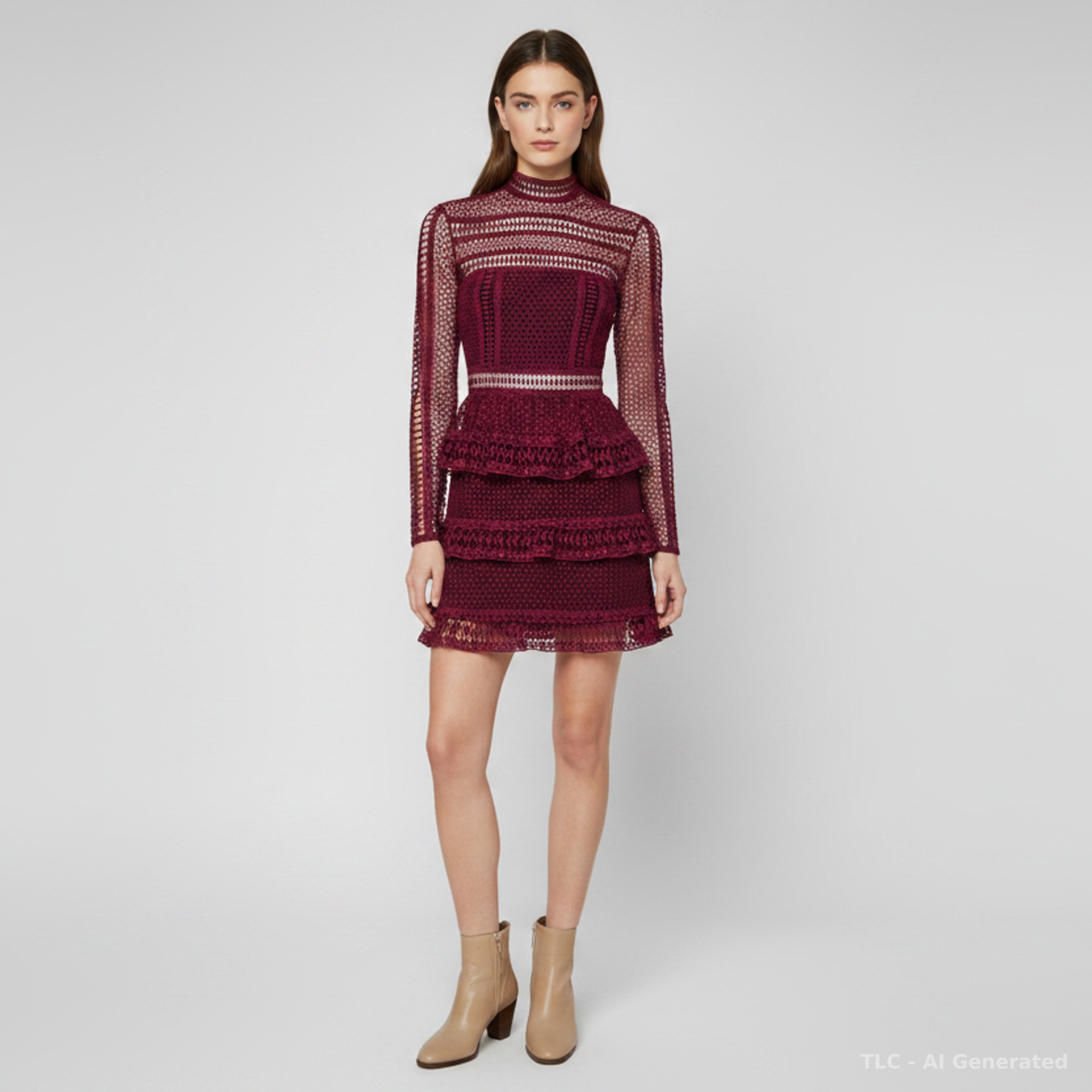 Self-Portrait Burgundy Guipure Lace Sheer Ruffle Mini Dress