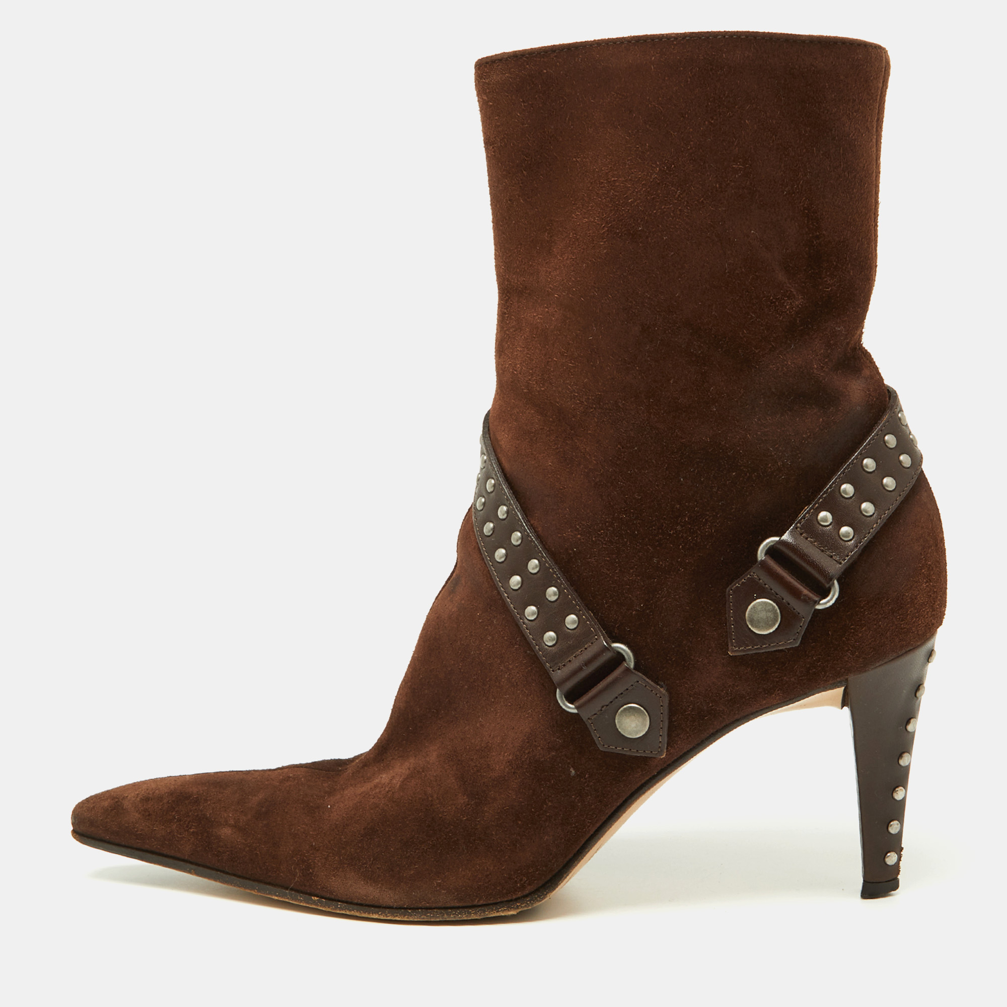 Sergio Rossi Brown Suede and Leather Studded Ankle Boots