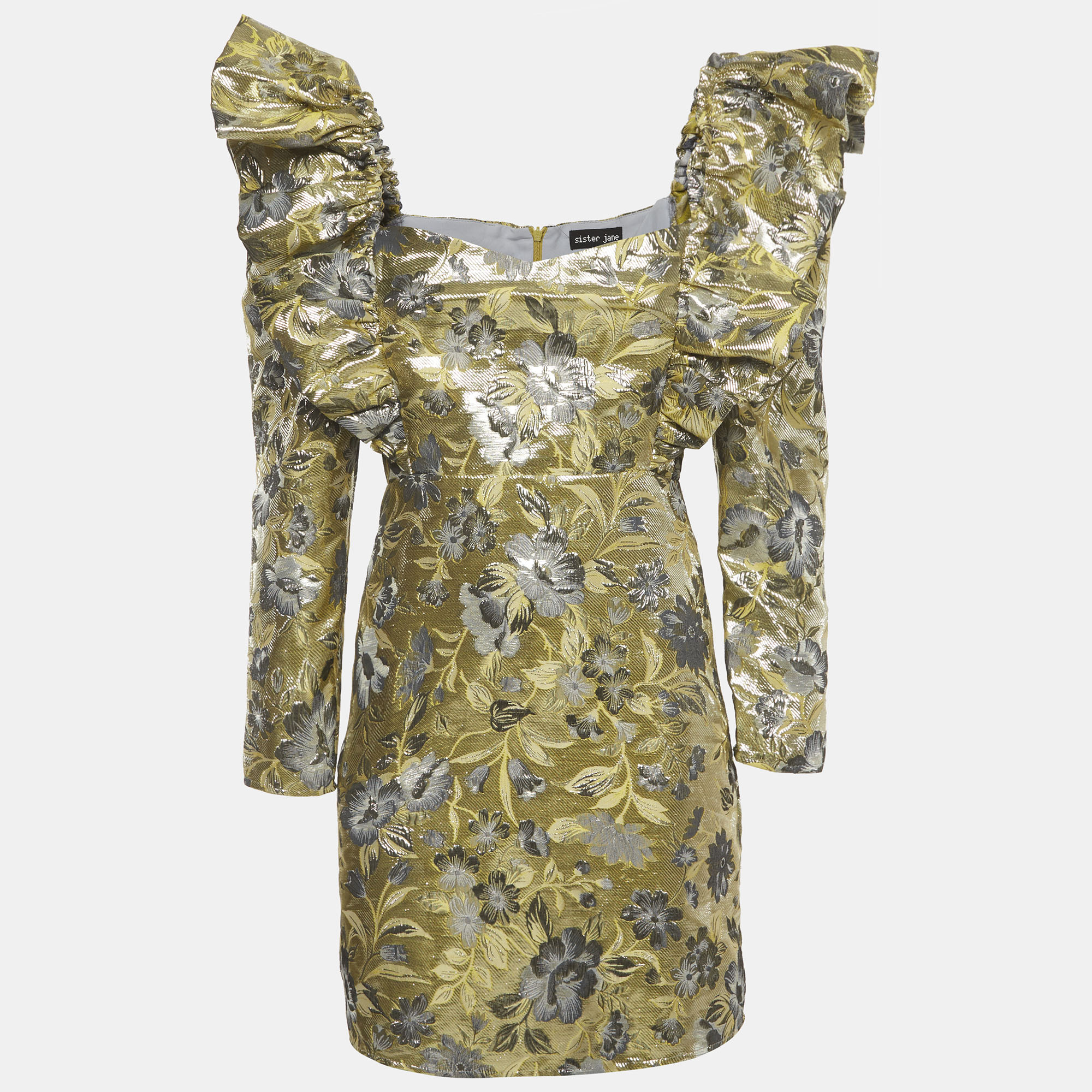 Sister Jane GoldSilver Floral Pattern Jacquard Puff Sleeve Mini Dress