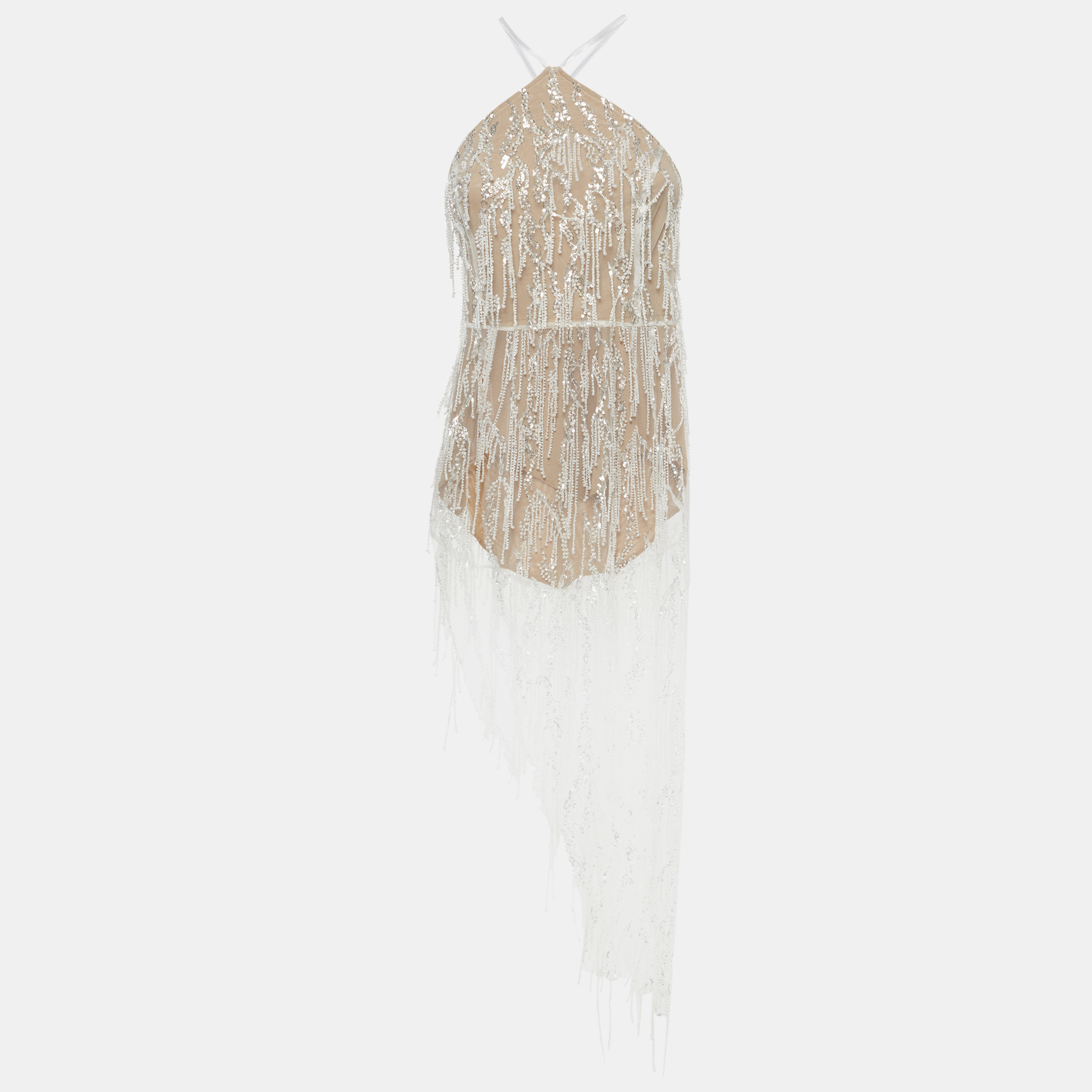 Sketch-Y White Beaded Halter High Slit Holly Dress