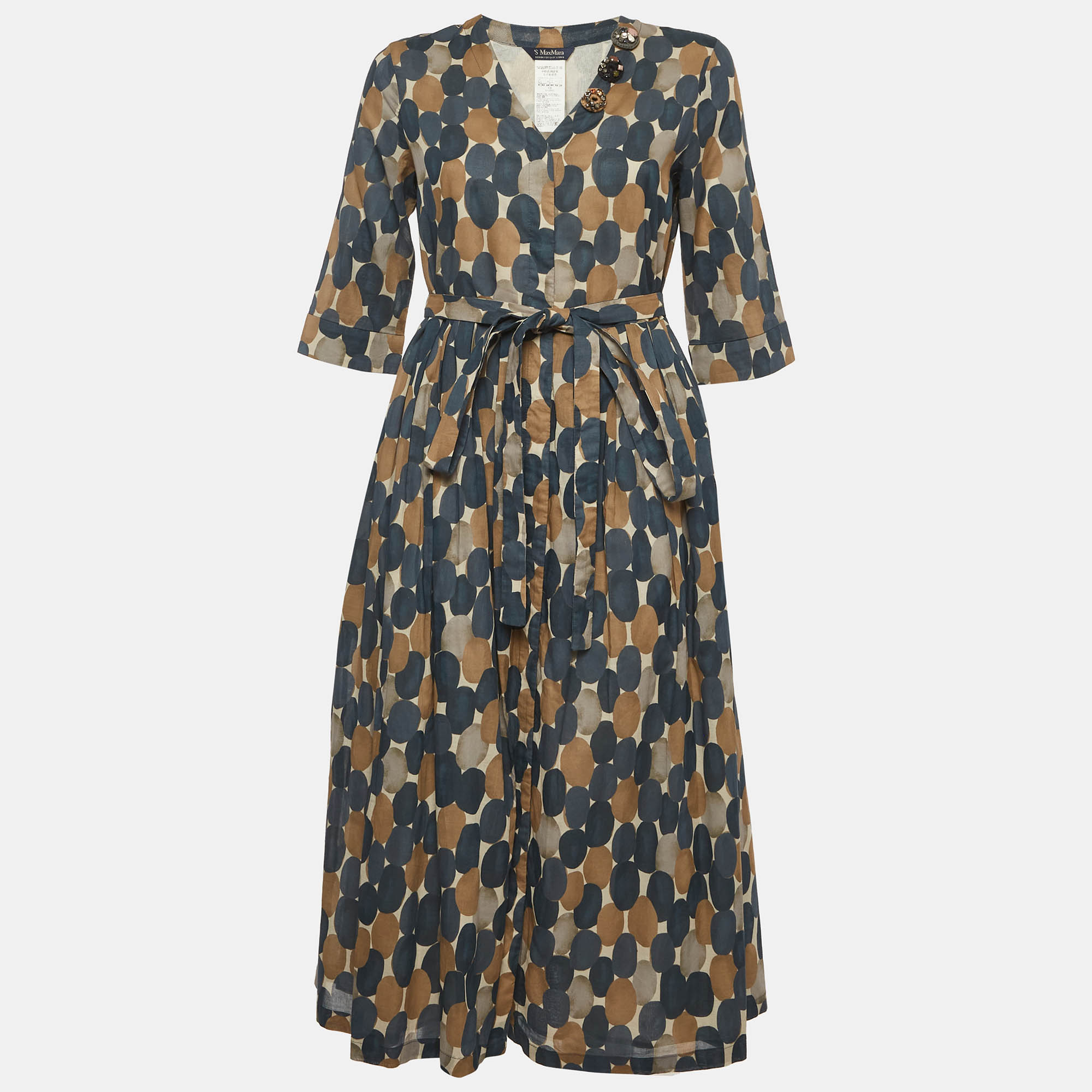 'S Max Mara BlueBeige Pesche Print Cotton Midi Dress
