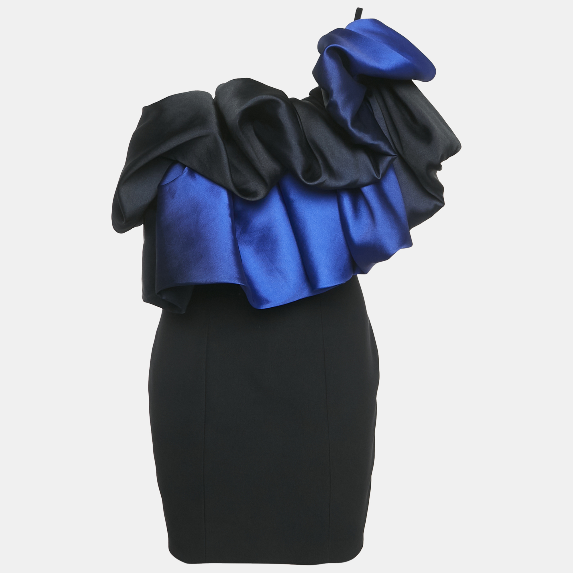 Solace London Black Crepe Ruffled One-Shoulder Mini Dress