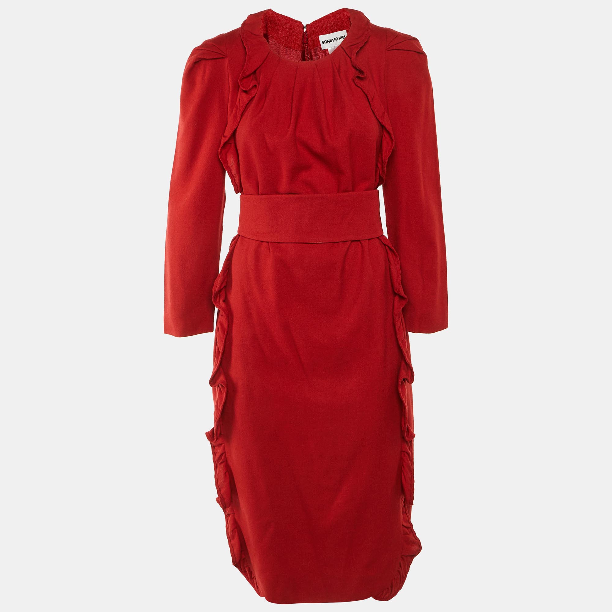 Sonia Rykiel Red Wool & Silk Belted Midi Dress