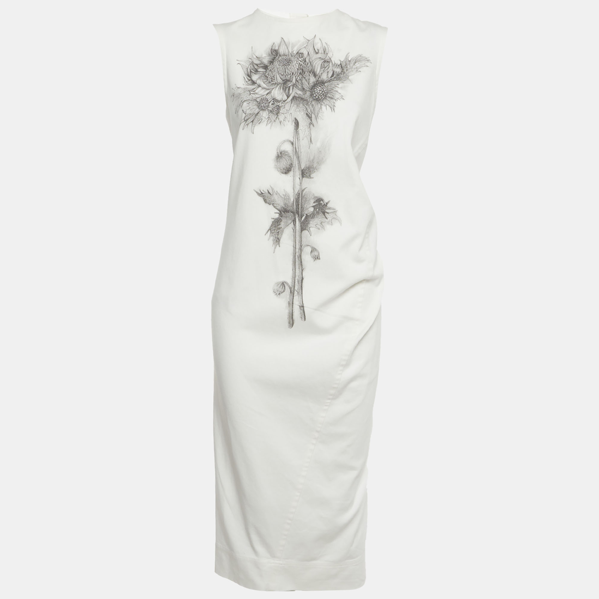 Sportmax White Floral Print Denim Midi Dress