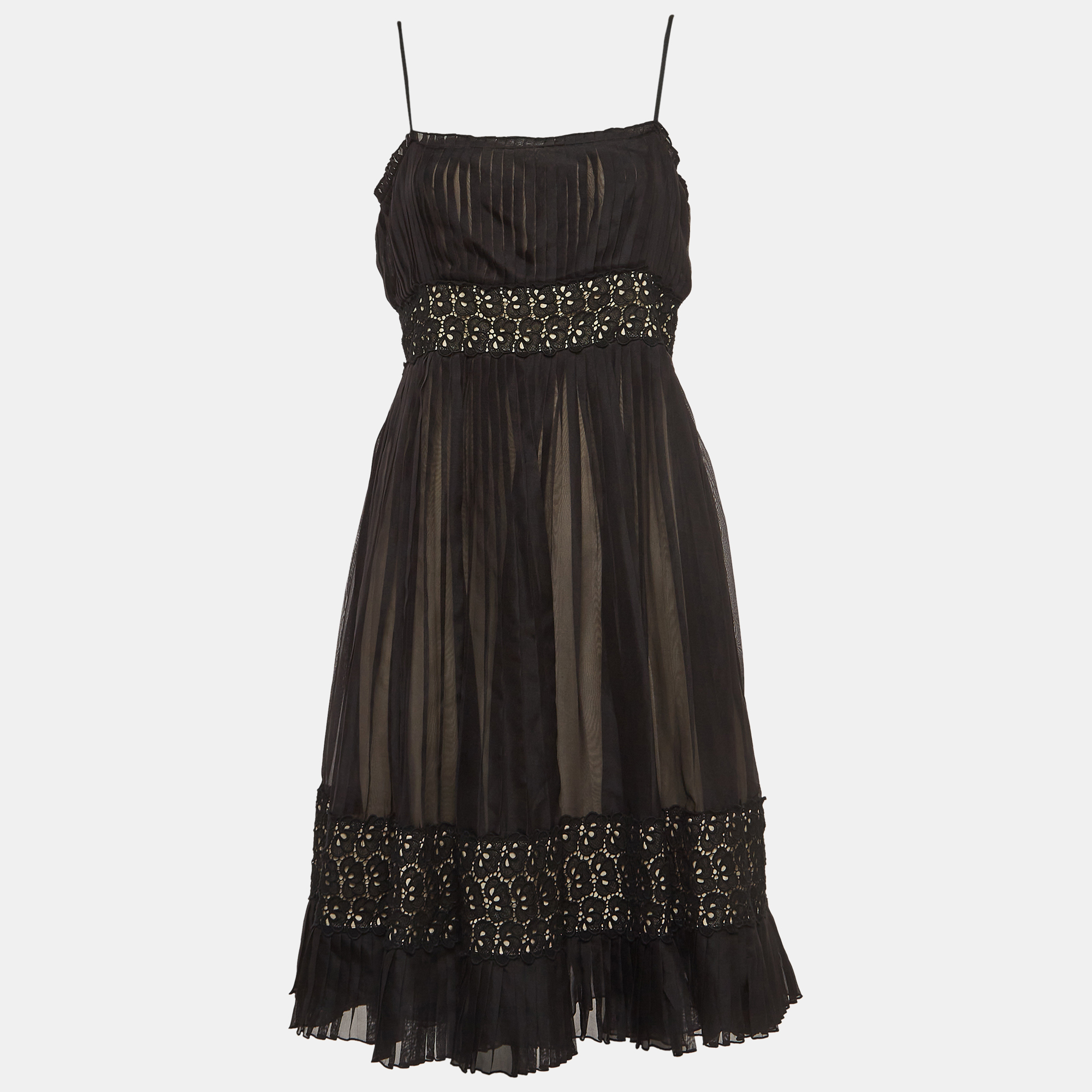 Sportmax Black Lace Trim Silk Pleated Midi Empire Dress