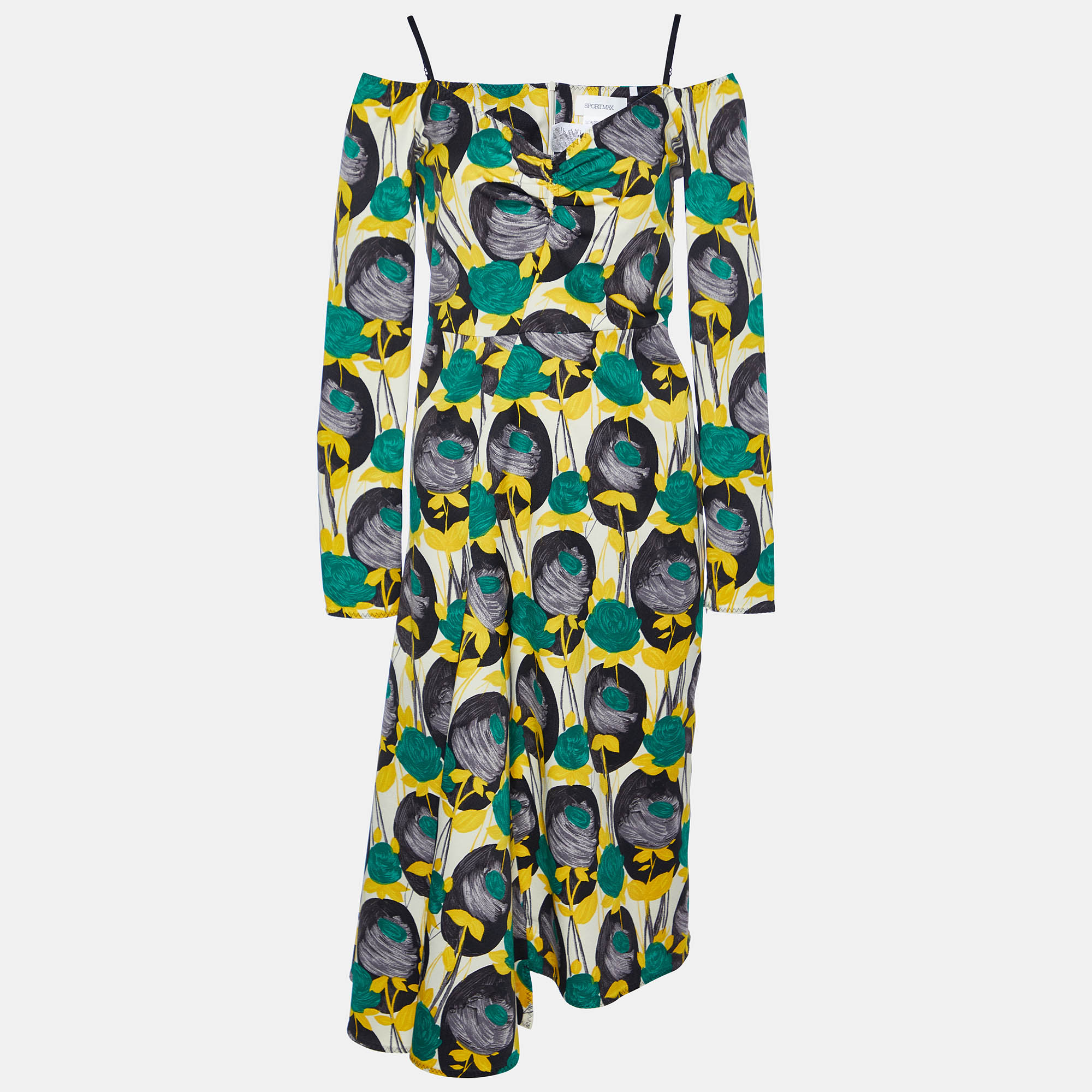 Sportmax Yellow Floral Print Faille Asymmetric Midi Dress