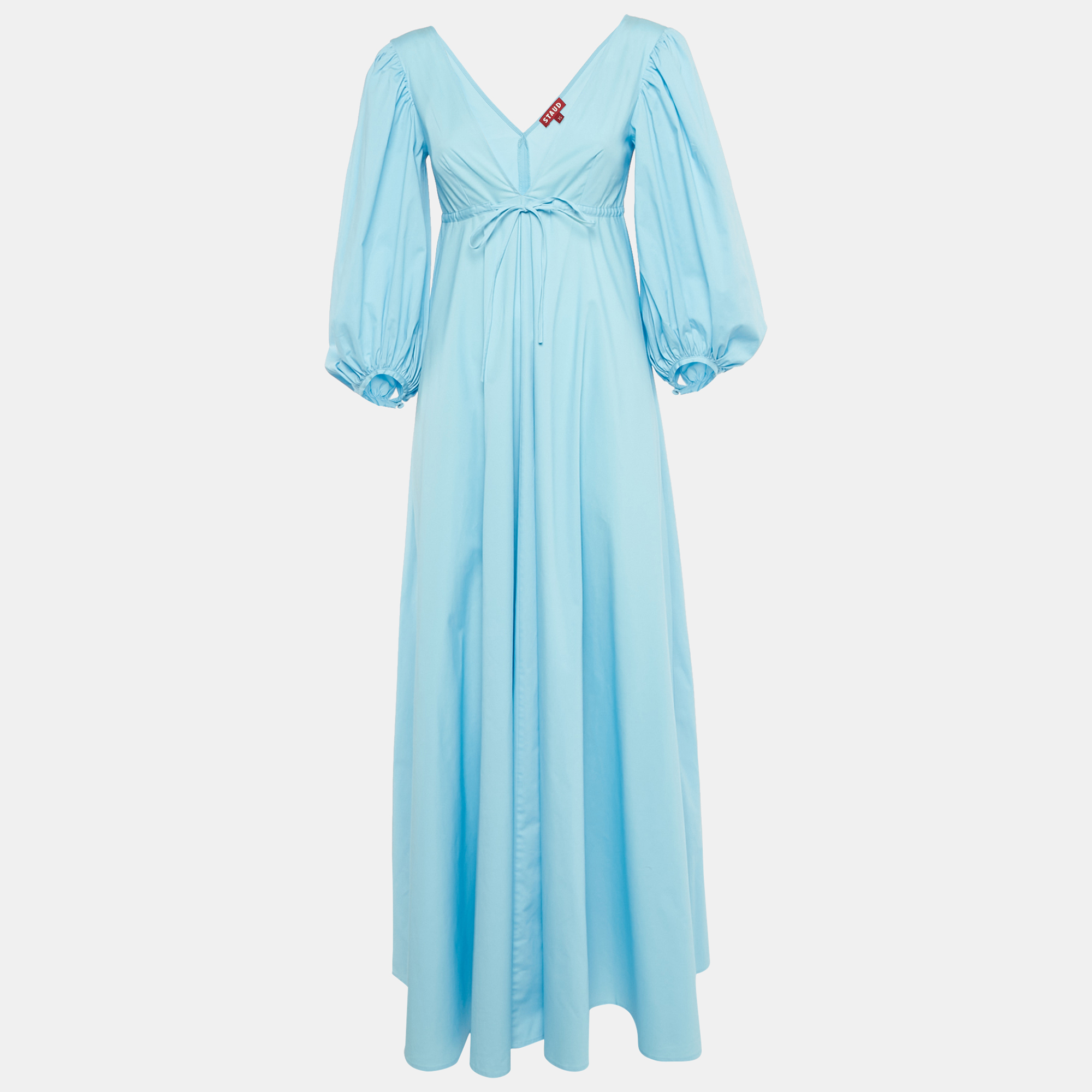 Staud Blue Cotton Tie -Up Detail Dew Amaretti Maxi Dress