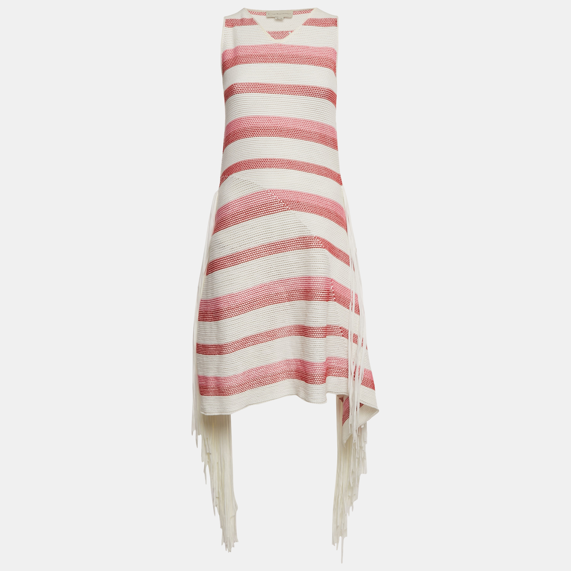 Stella McCartney WhitePink Open Striped Knit Fringe Detail Dress