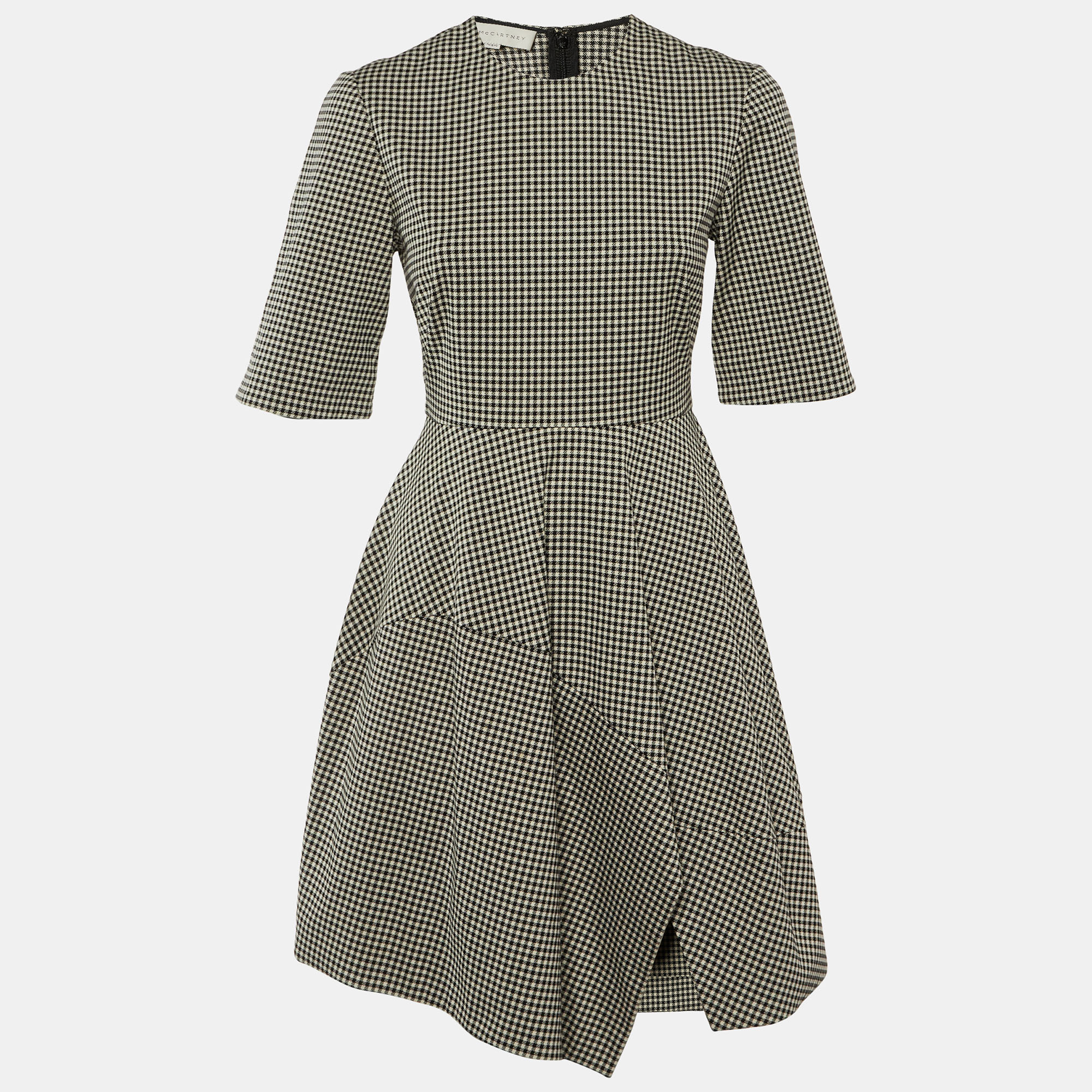 Stella McCartney BlackCream Houndstooth Pattern Cotton Asymmetrical Dress