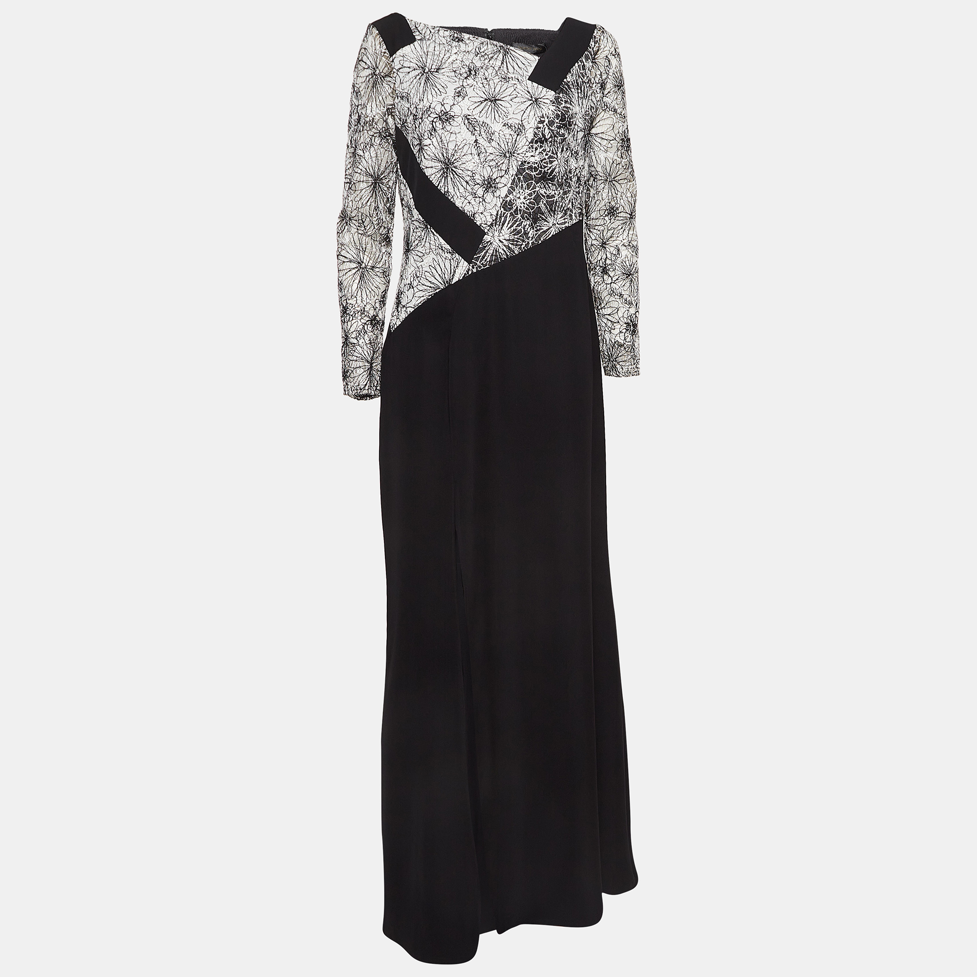 Tadashi Shoji BlackWhite Crepe & Lace Full Sleeve Maxi Dress