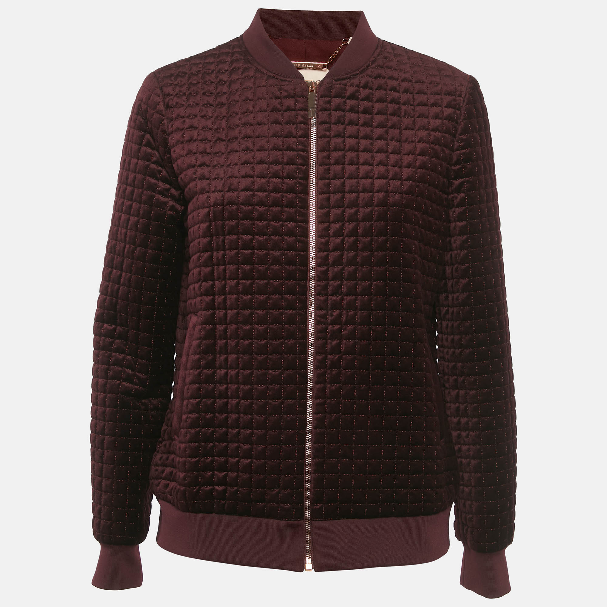 Ted Baker Burgundy Velvet Quilted Prindil Bomber Jacket