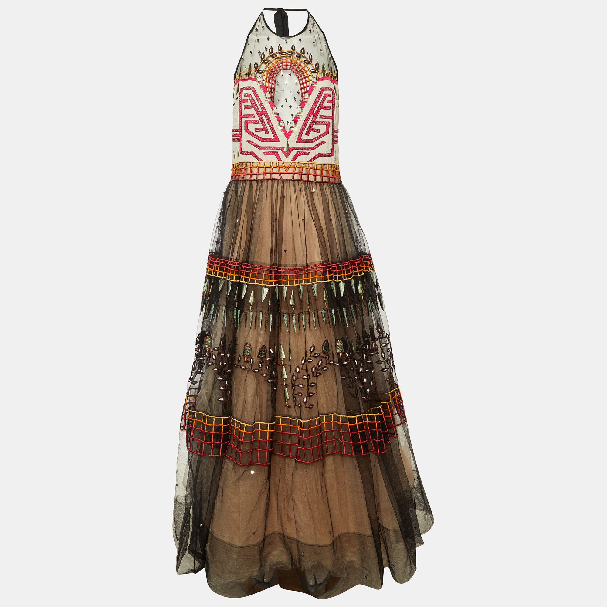 Temperley London Black Maze Embroidered Tulle Halter Neck Dress