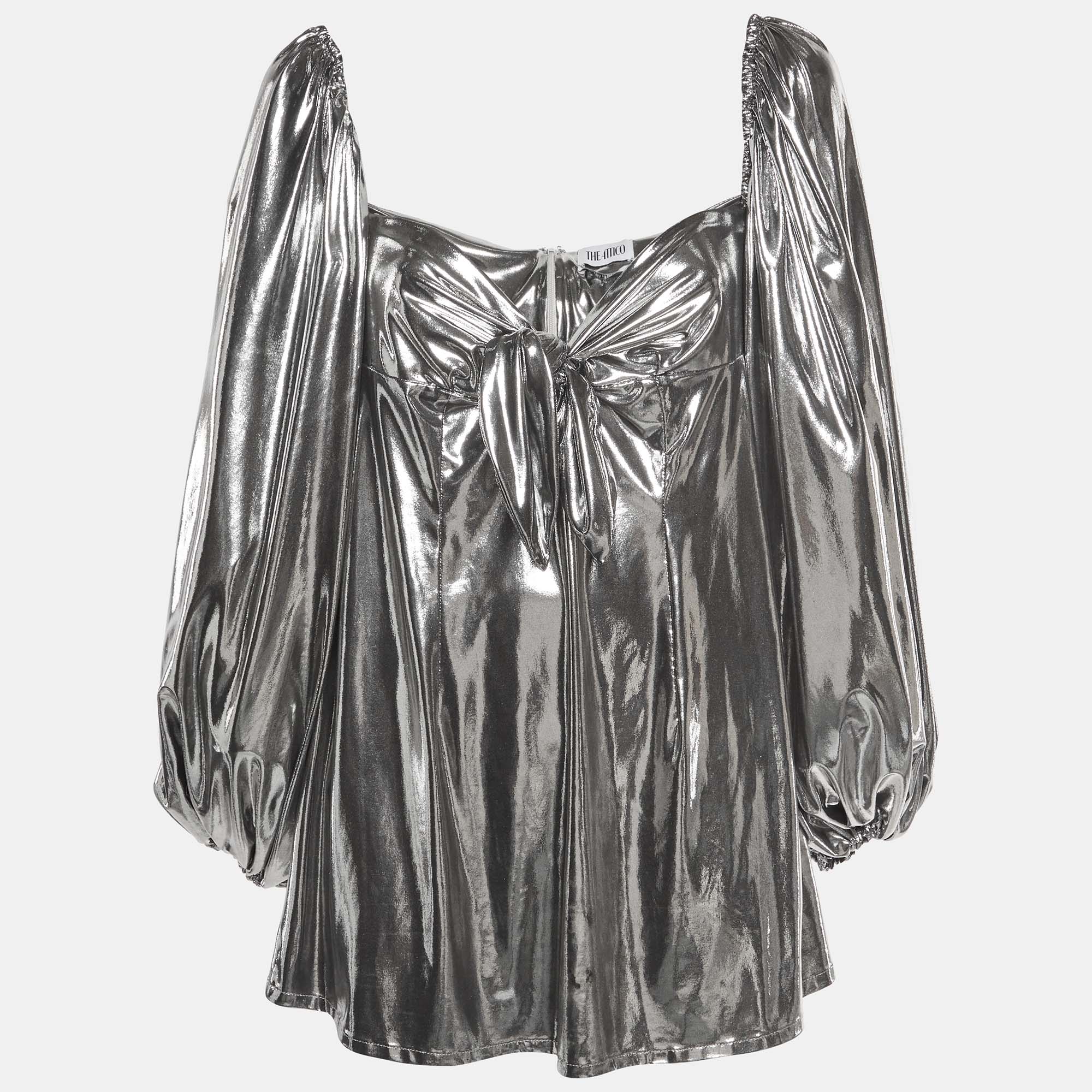 The Attico Silver Lamé Synthetic Off Shoulder Mini Dress