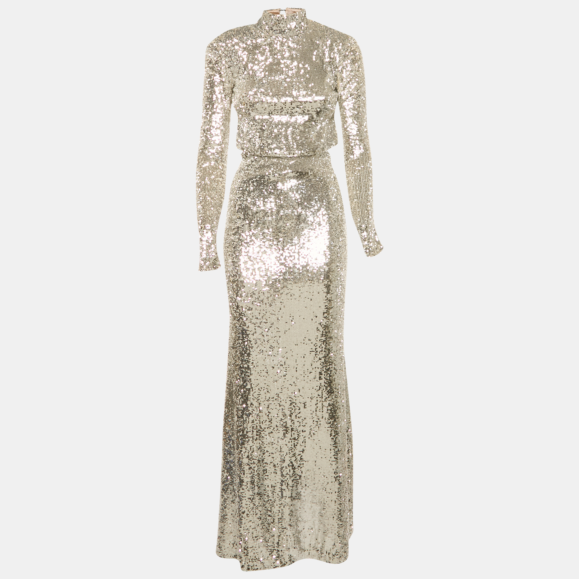 The New Arrivals By Ilkyaz Ozel Silver Sequin Embellished Mesh Maxi Dress