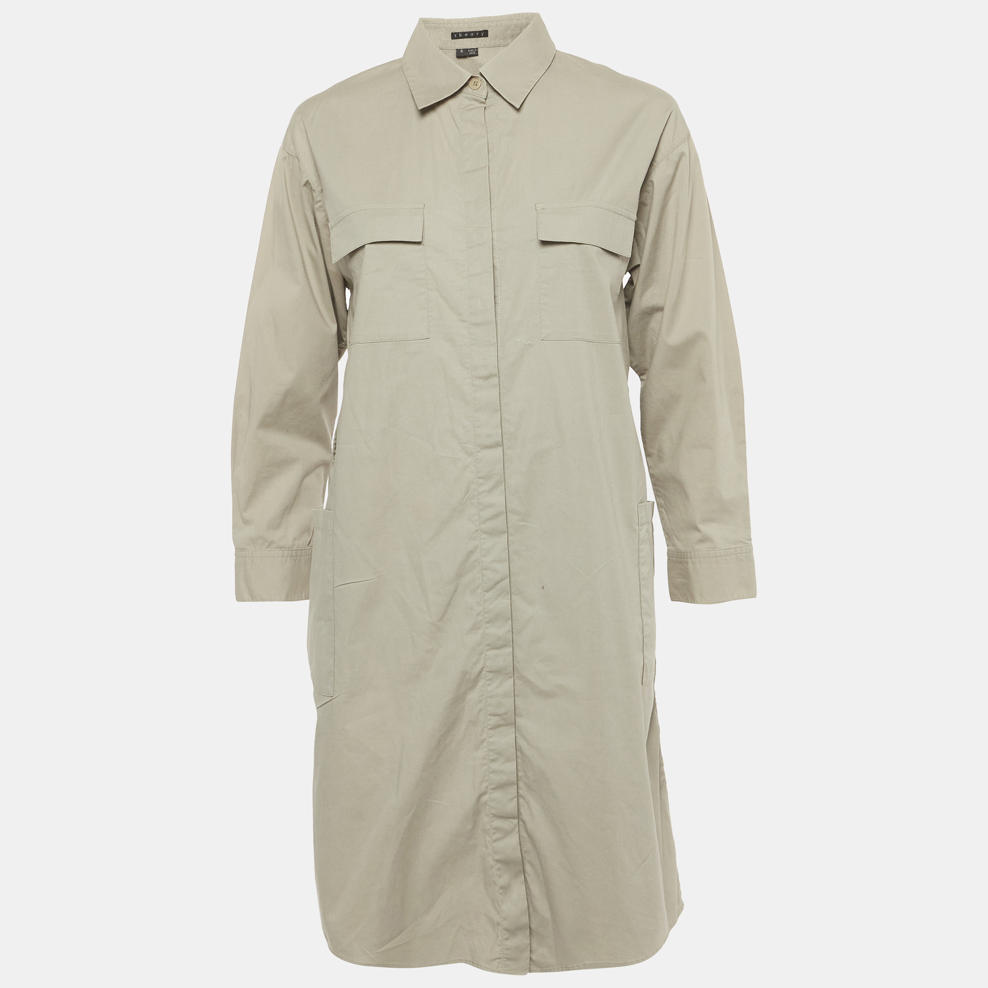 Theory Green Cotton Belted Long Sleeve Utility Shirt Dress