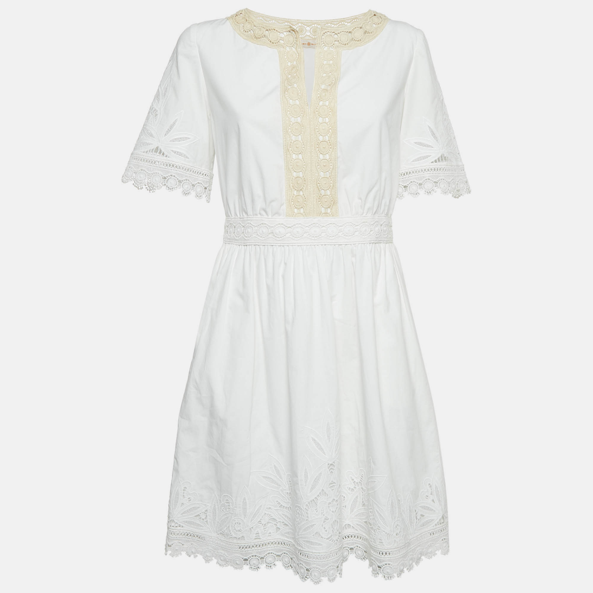 Tory Burch White Cotton Lace Trimmed Larissa Mini Dress