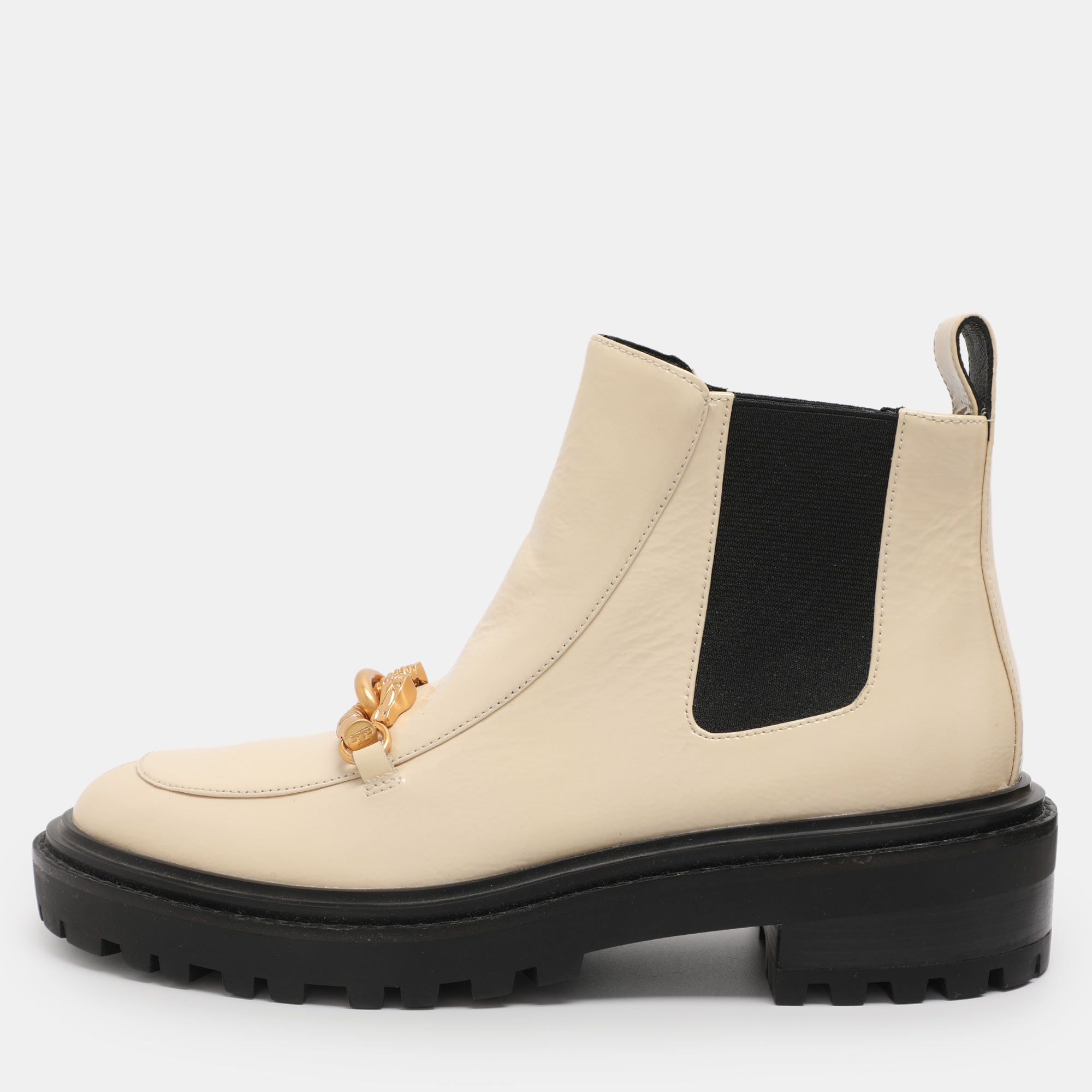 Tory Burch Cream Elastane and Patent Leather Jessa Chelsea Mid Calf Boots