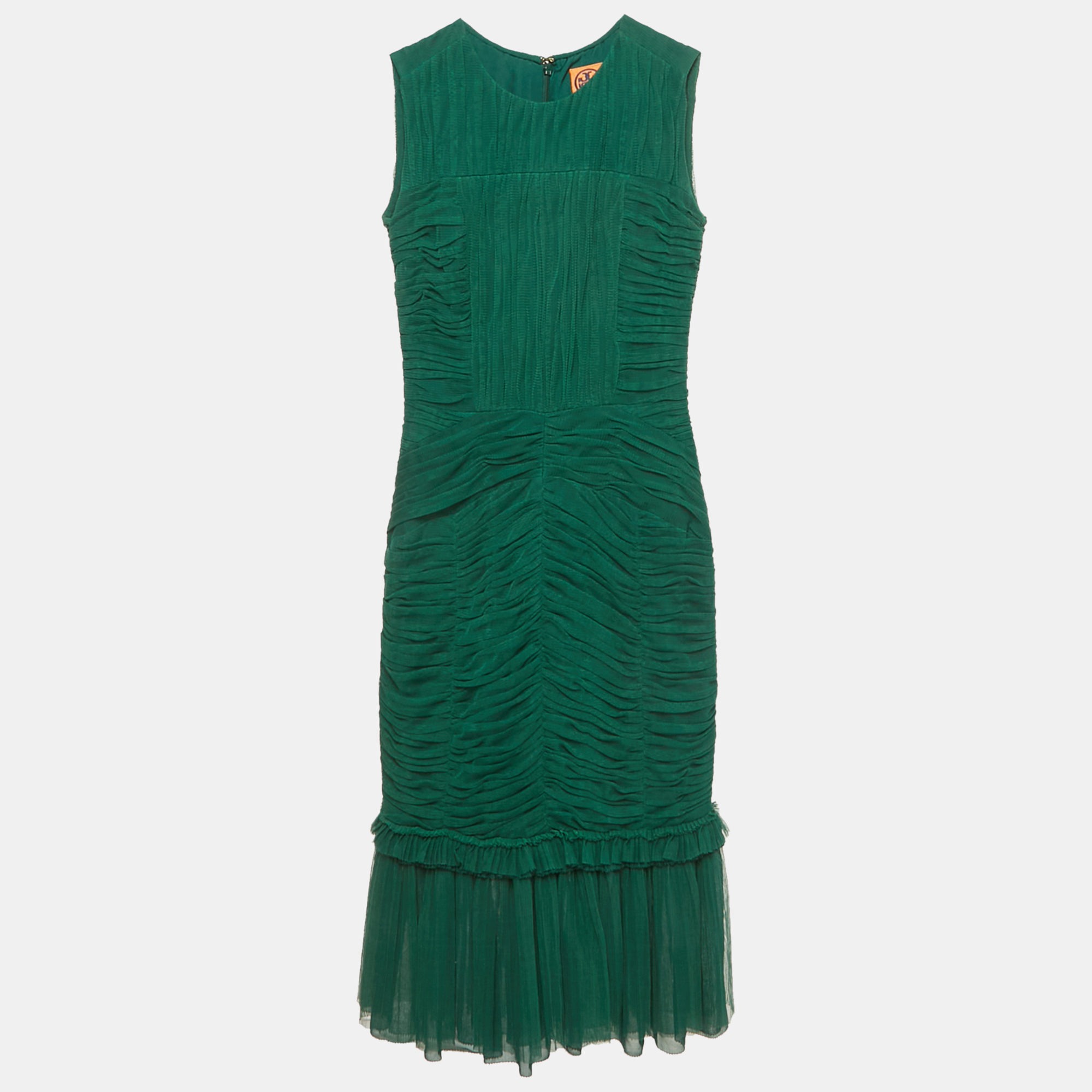 Tory Burch Emerald Green Mesh Rushed Ethel Midi Dress
