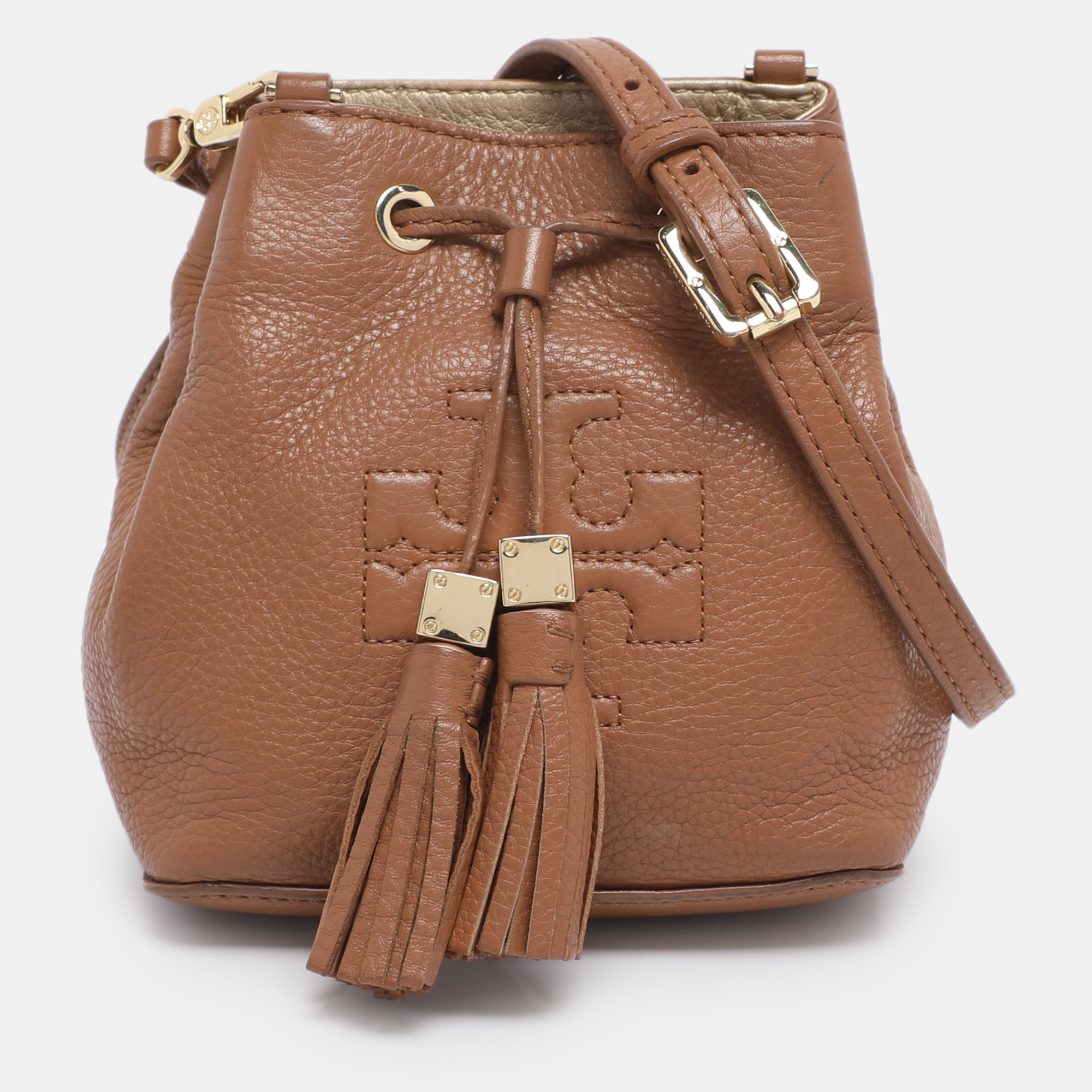 Tory Burch Brown Leather Drawstring Tassel Bucket bag
