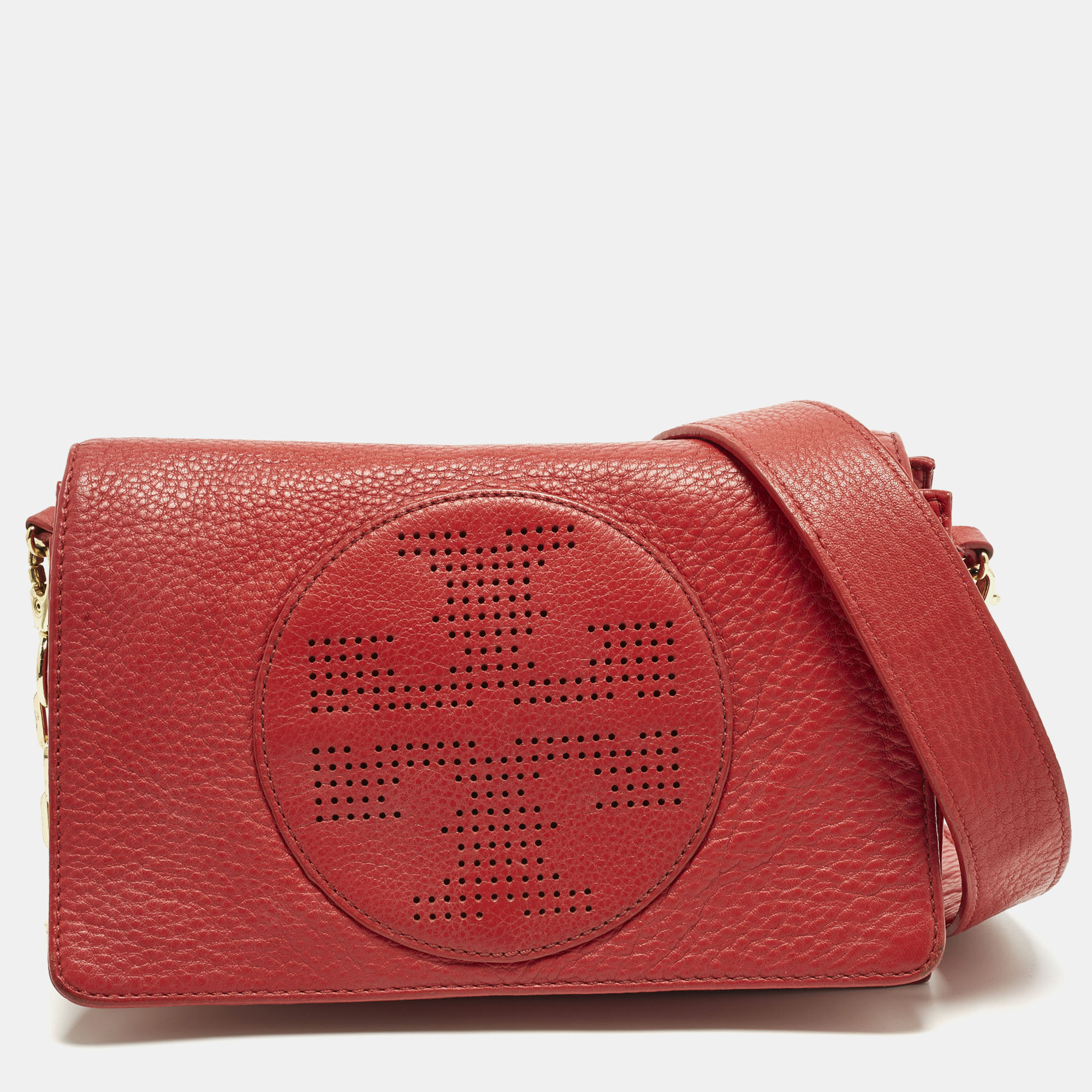 Tory Burch Perforated Logo Flap Red Leather Crossbody Bag