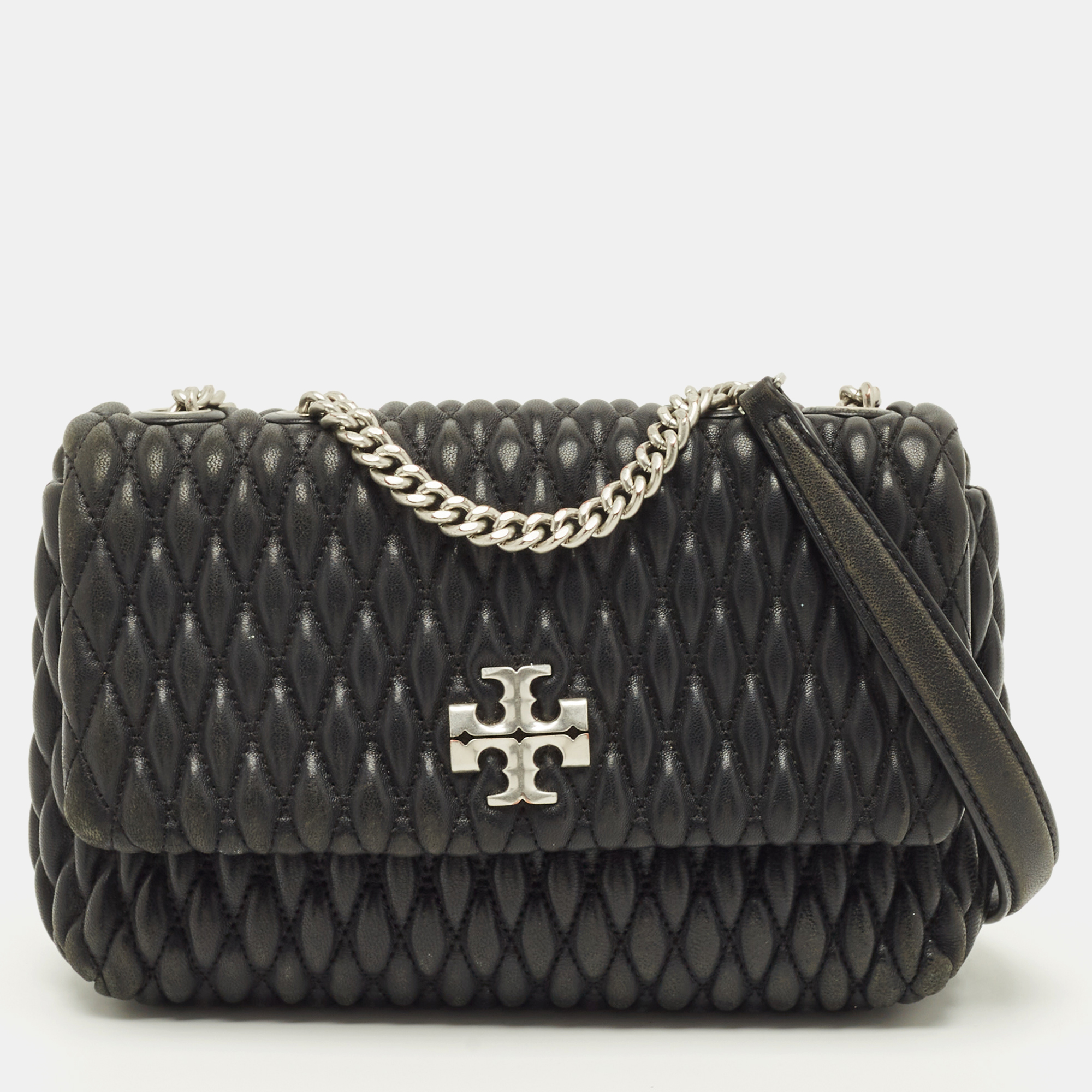 Tory Burch Kira Ruched Small Black Leather Crossbody Bag