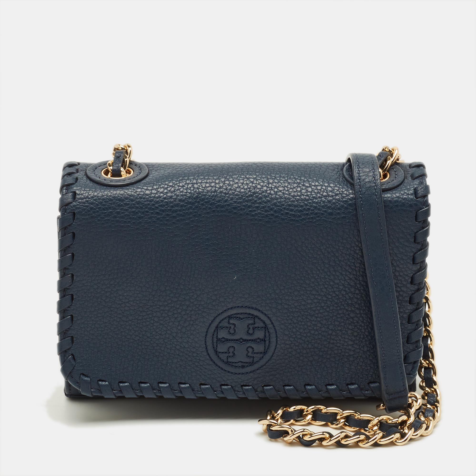 Tory Burch Marion Shrunken Navy Blue Leather Crossbody Bag