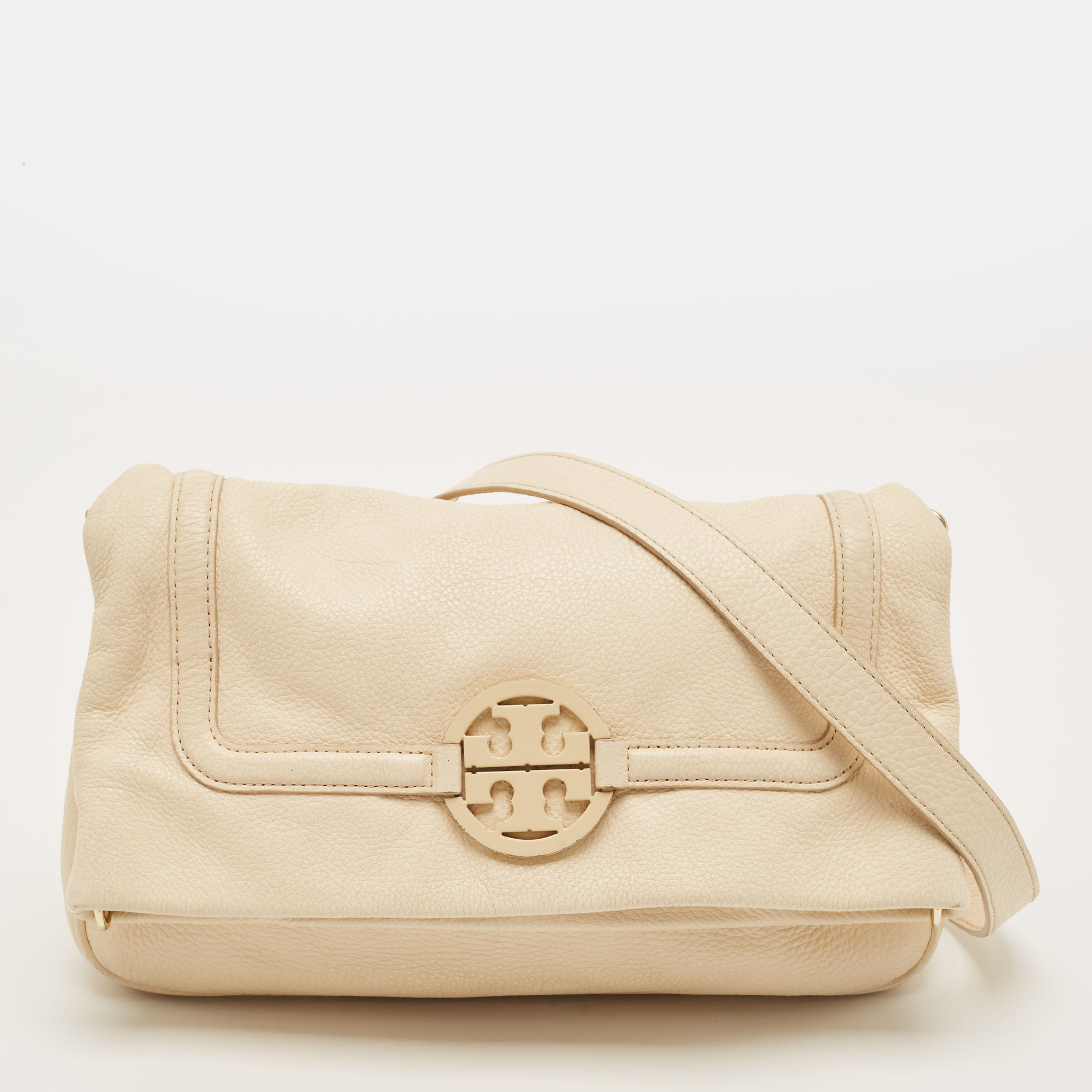 Tory Burch Amanda Foldover Cream Leather Crossbody Bag