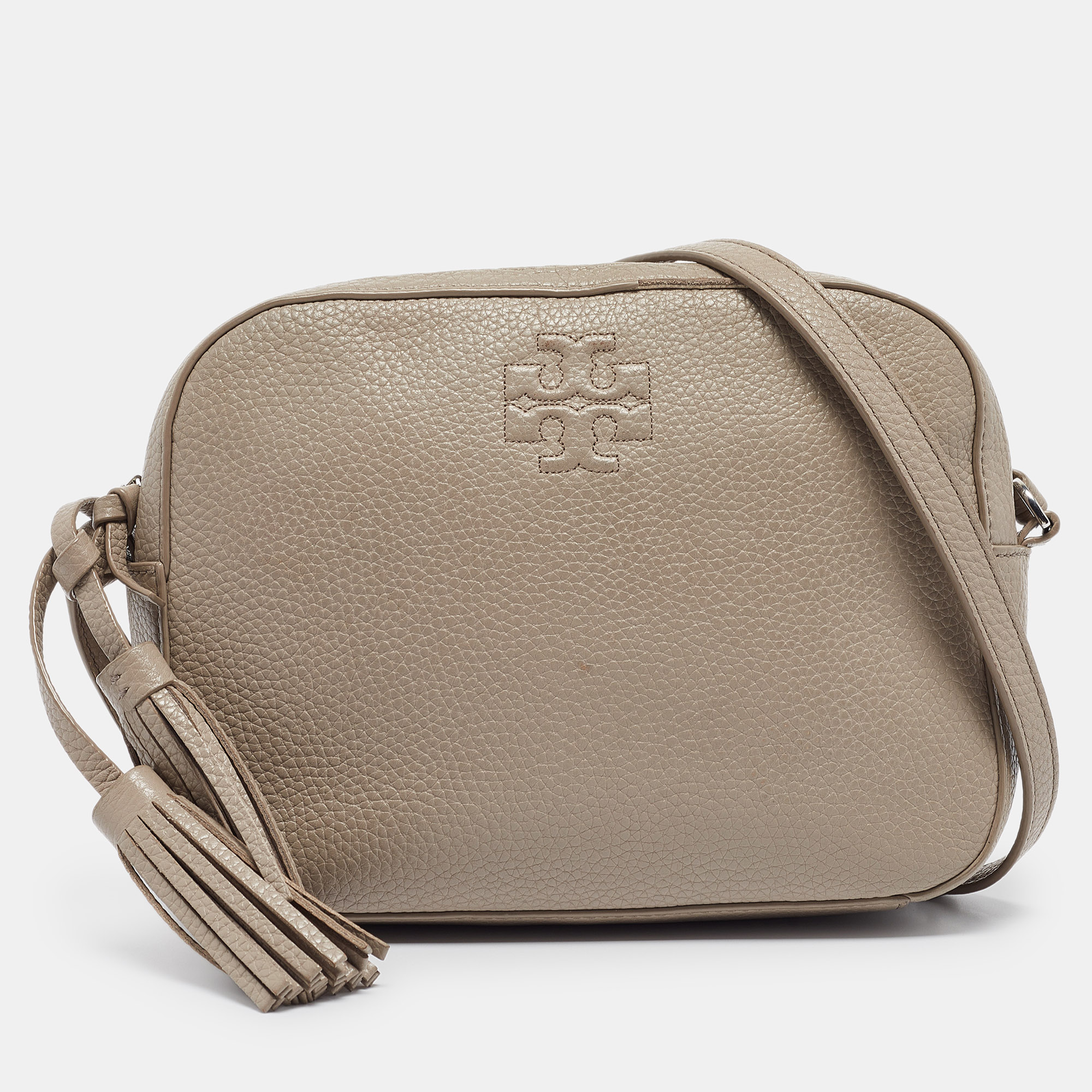 Tory Burch Grey Pebbled Leather Thea Camera Crossbody Bag